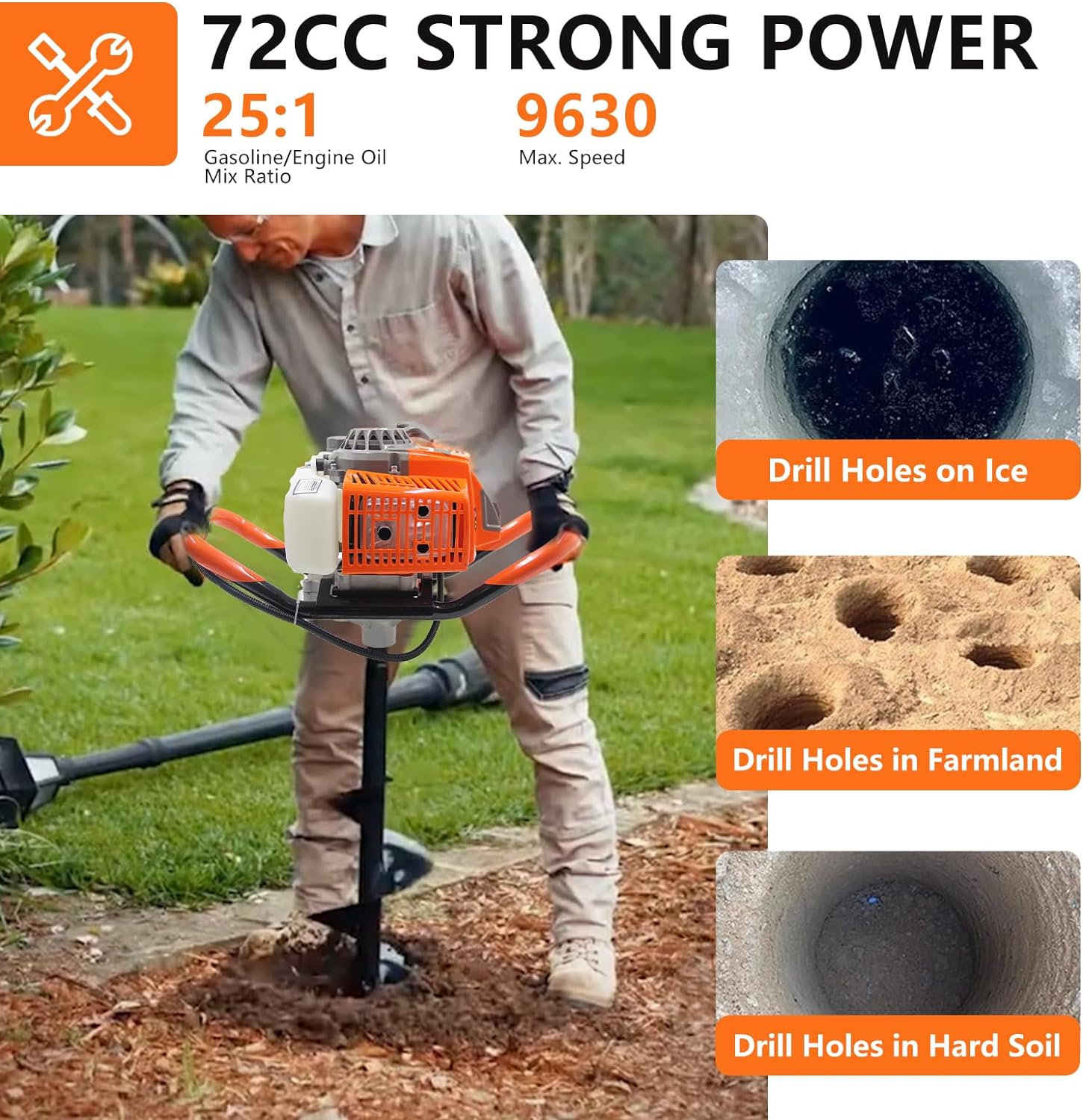 72CC Auger Post Hole Digger  2 Stroke Gas Powered Earth Post Hole Digger with 2 Auger Drill Bits(6