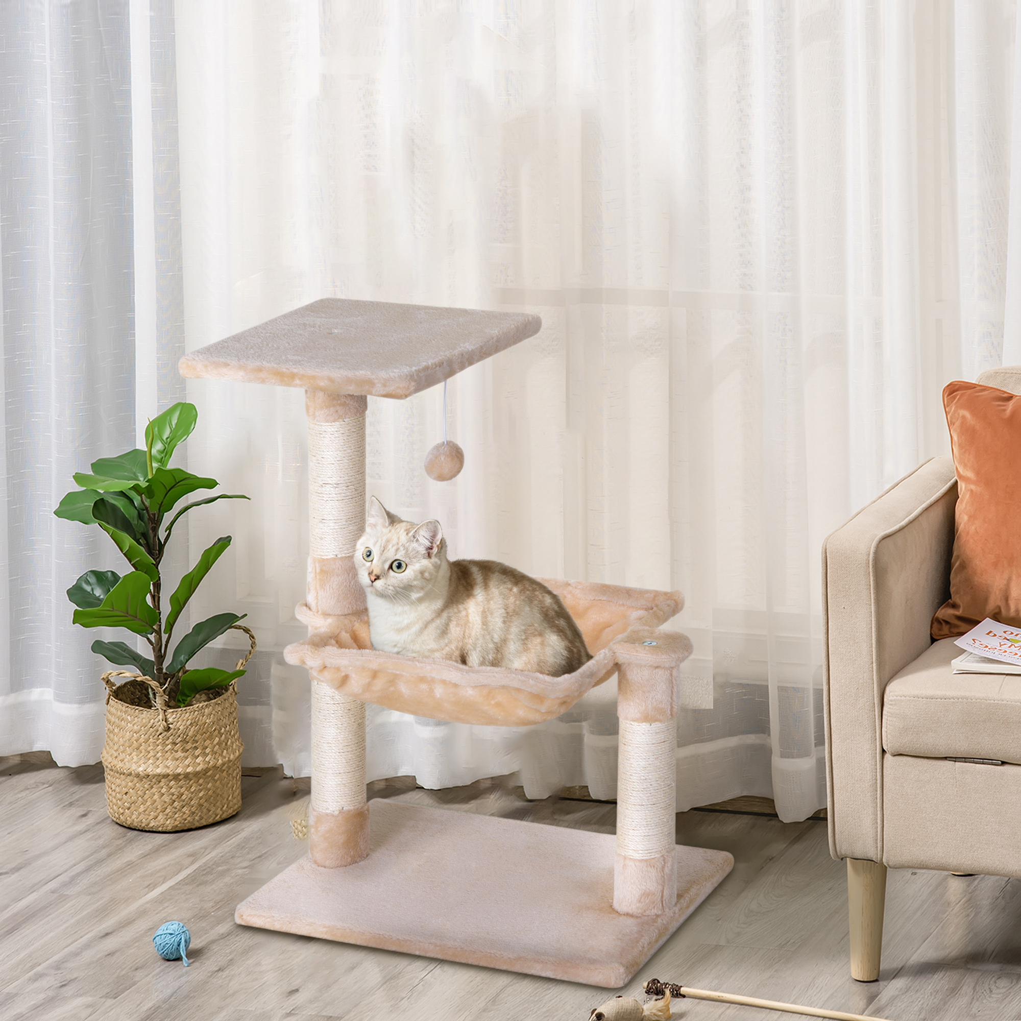 PawHut Kletterbaum Katzenbaum Kratzbaum mit Sisalsäule Plüsch-Hängematte Spanplatte Beige 50 x 36 x 70 cm