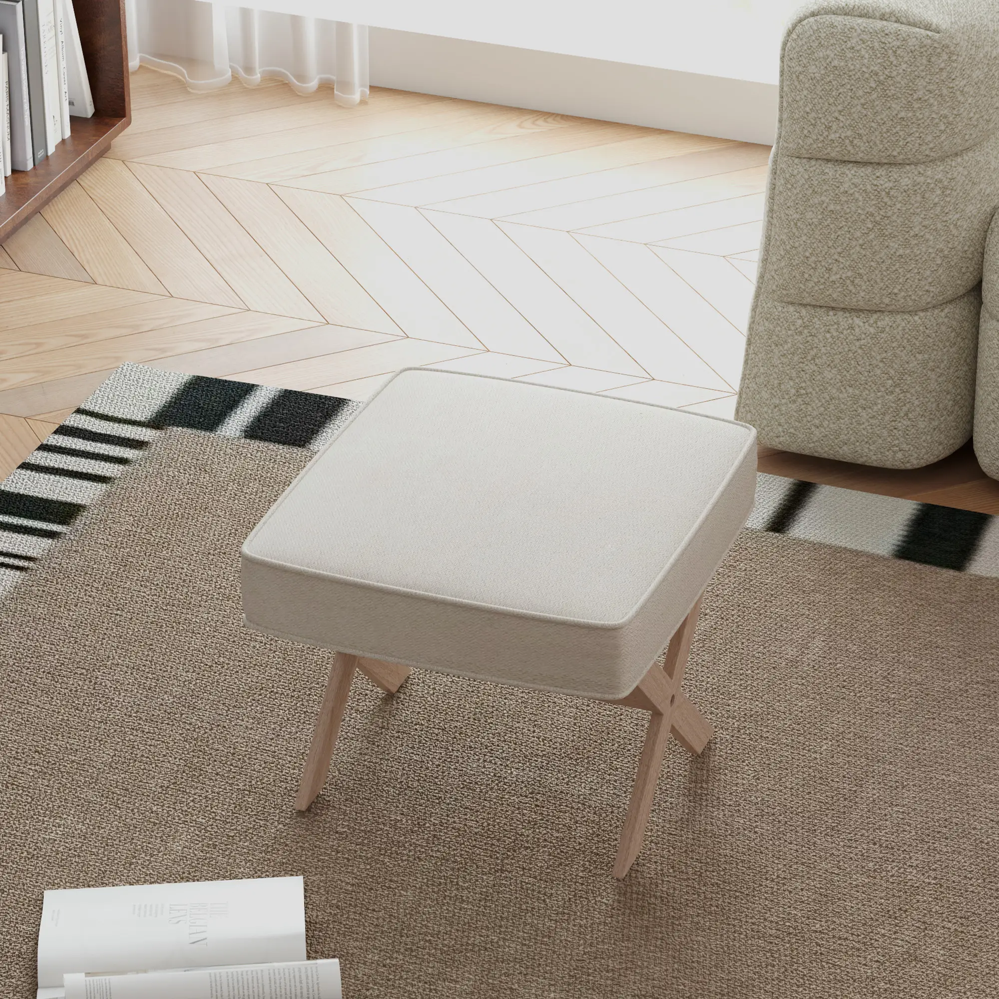 HOMCOM Sitzhocker mit Leinenoptik & Antirutschmatte – Cremeweiß