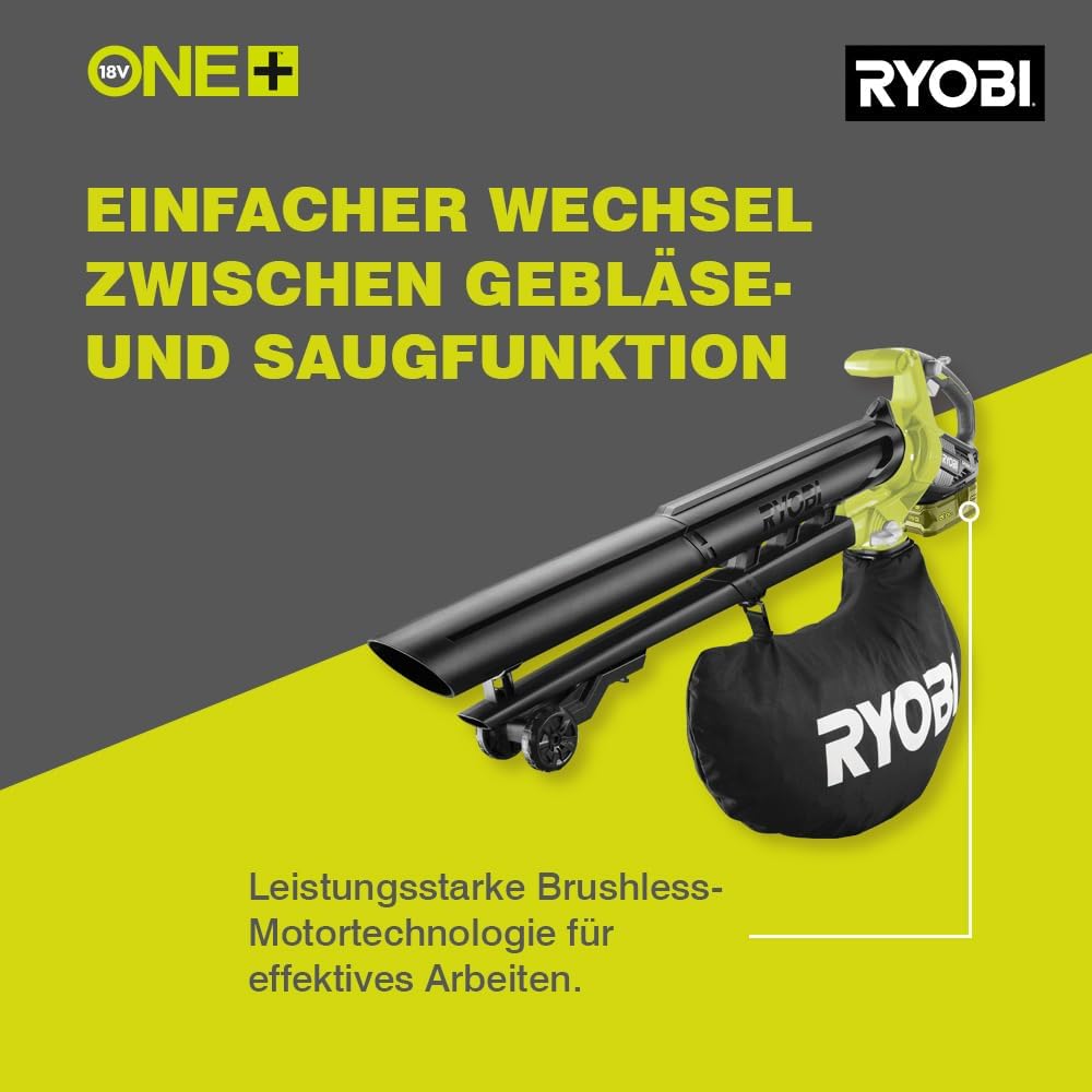 18 V ONE+ Brushless Akku-Laubsauger OBV18 (Luftmenge 6,0 m/min, Luftgeschwindigkeit 200 km/h, Geblsefunktion ohne Akku & Ladegert im Karton)