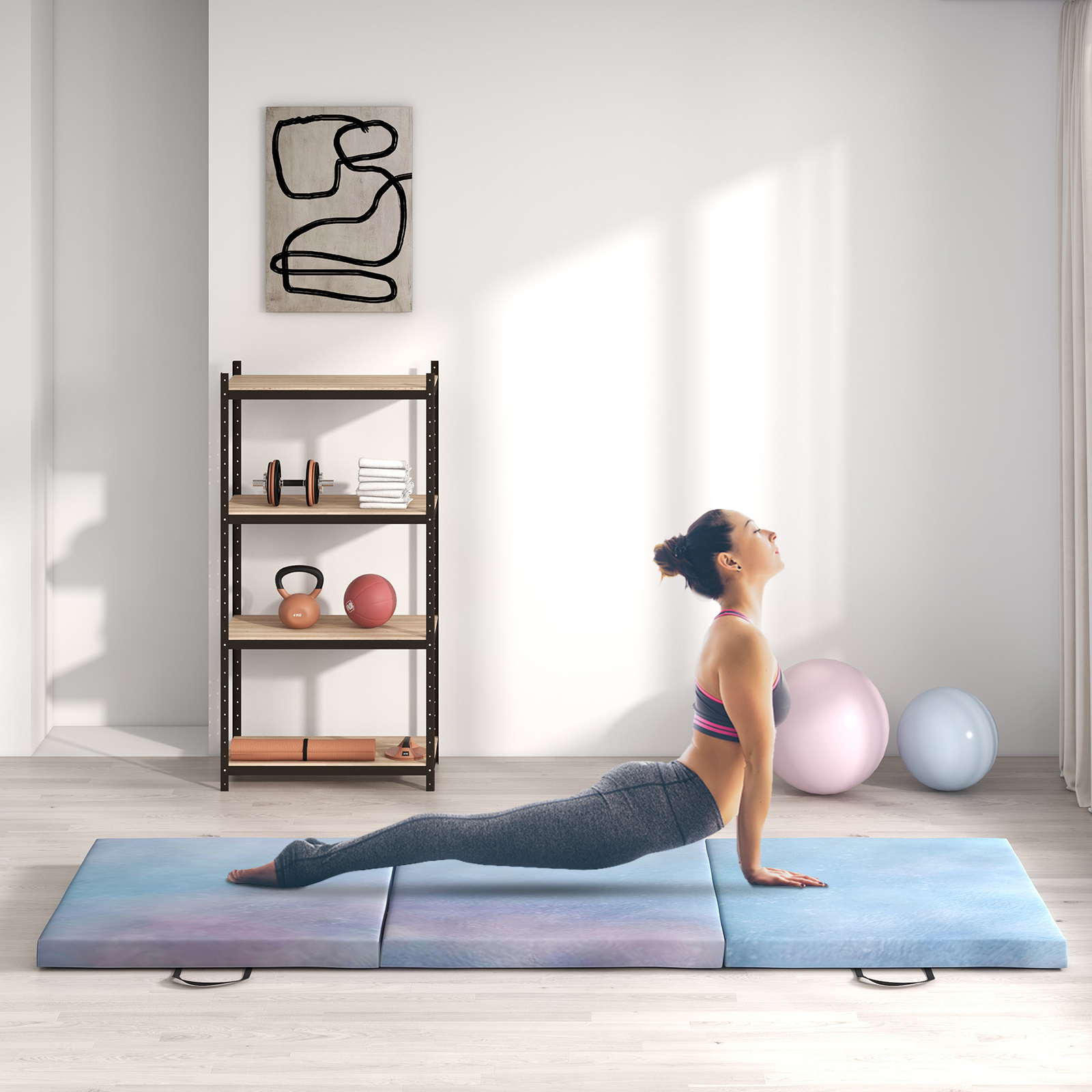 HOMCOM Gymnastikmatte Yoga Pilates Fitness faltbar in 3 Panels mit Griffen synthetische Beschichtung 180 x 60 x 5 cm grau