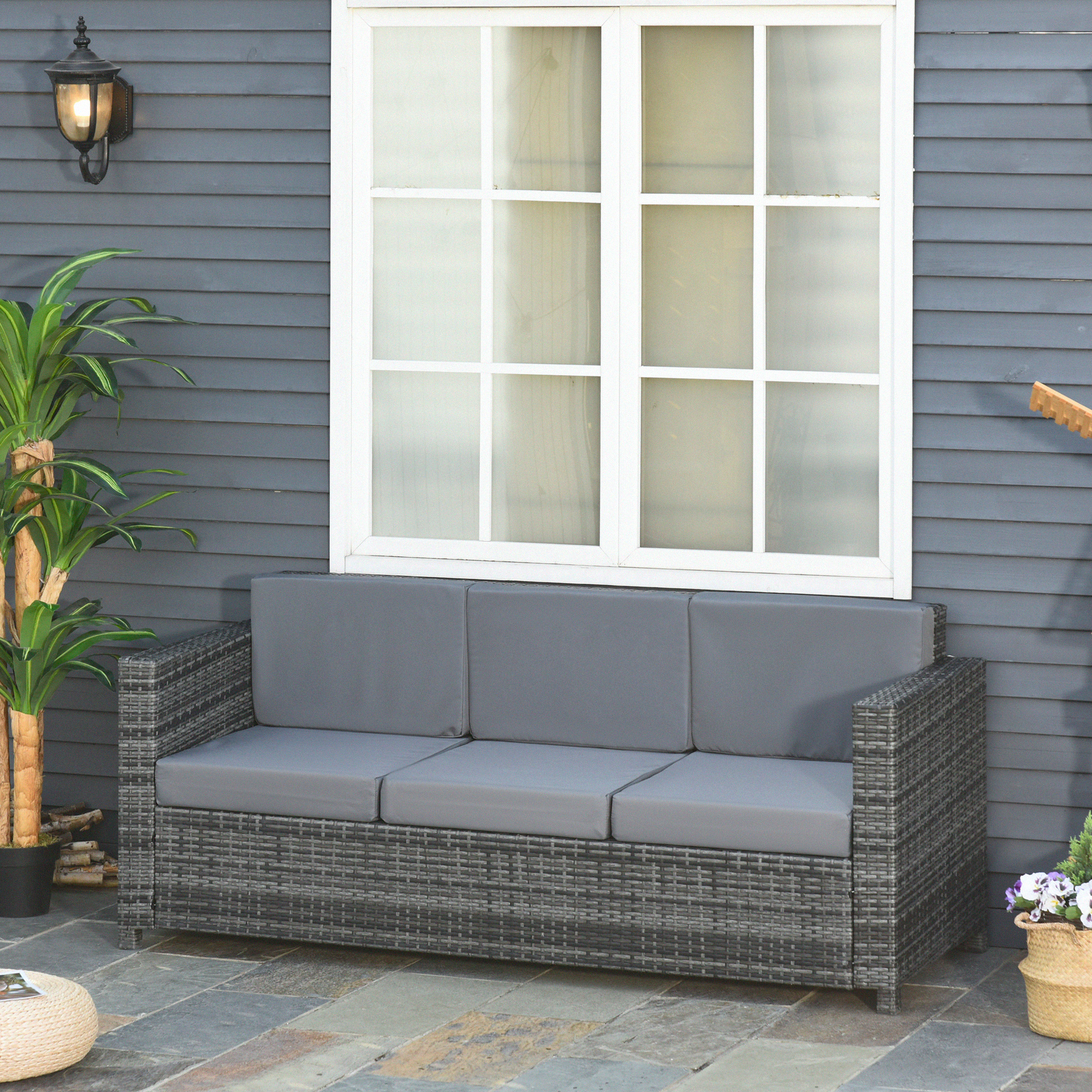 Outsunny Poly-Rattan Sofa mit Kissen 3-Sitzer Garten Loungesofa Metall Polyester Grau 185 x 70 x 80 cm