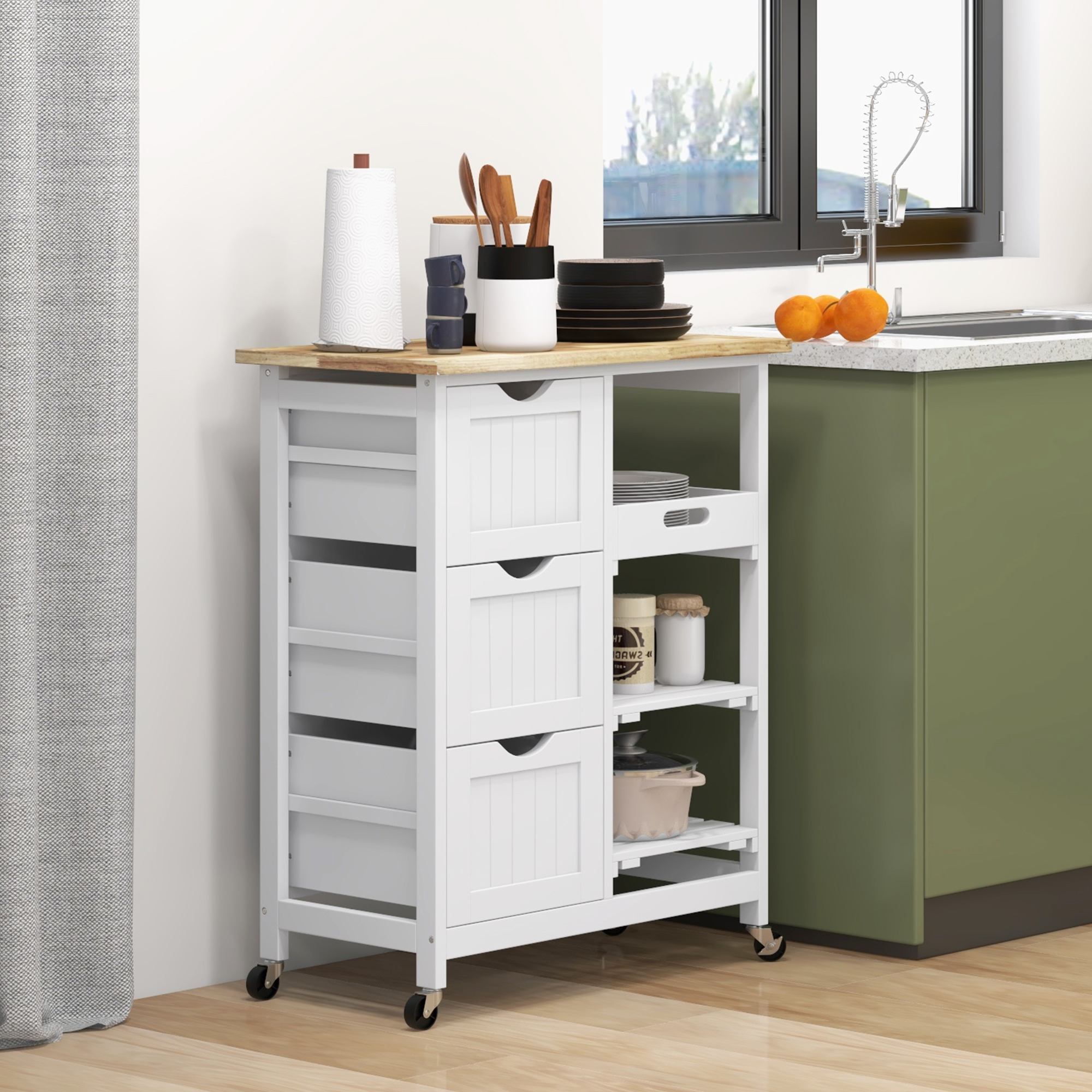 HOMCOM Kücheninselwagen mit Rollen und Arbeitsplatte aus Holz, 3 Schubladen + 1 abnehmbares Tablett 67 x 37 x 85,5 cm Weiß