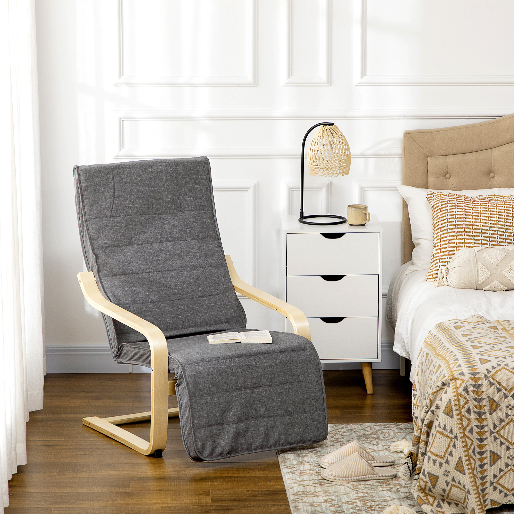 HOMCOM Akzentsessel, Relaxsessel mit verstellbarem Fußteil, Birkenholzrahmen, bis 120 kg, 66,5 x 94 x 100 cm, Grau