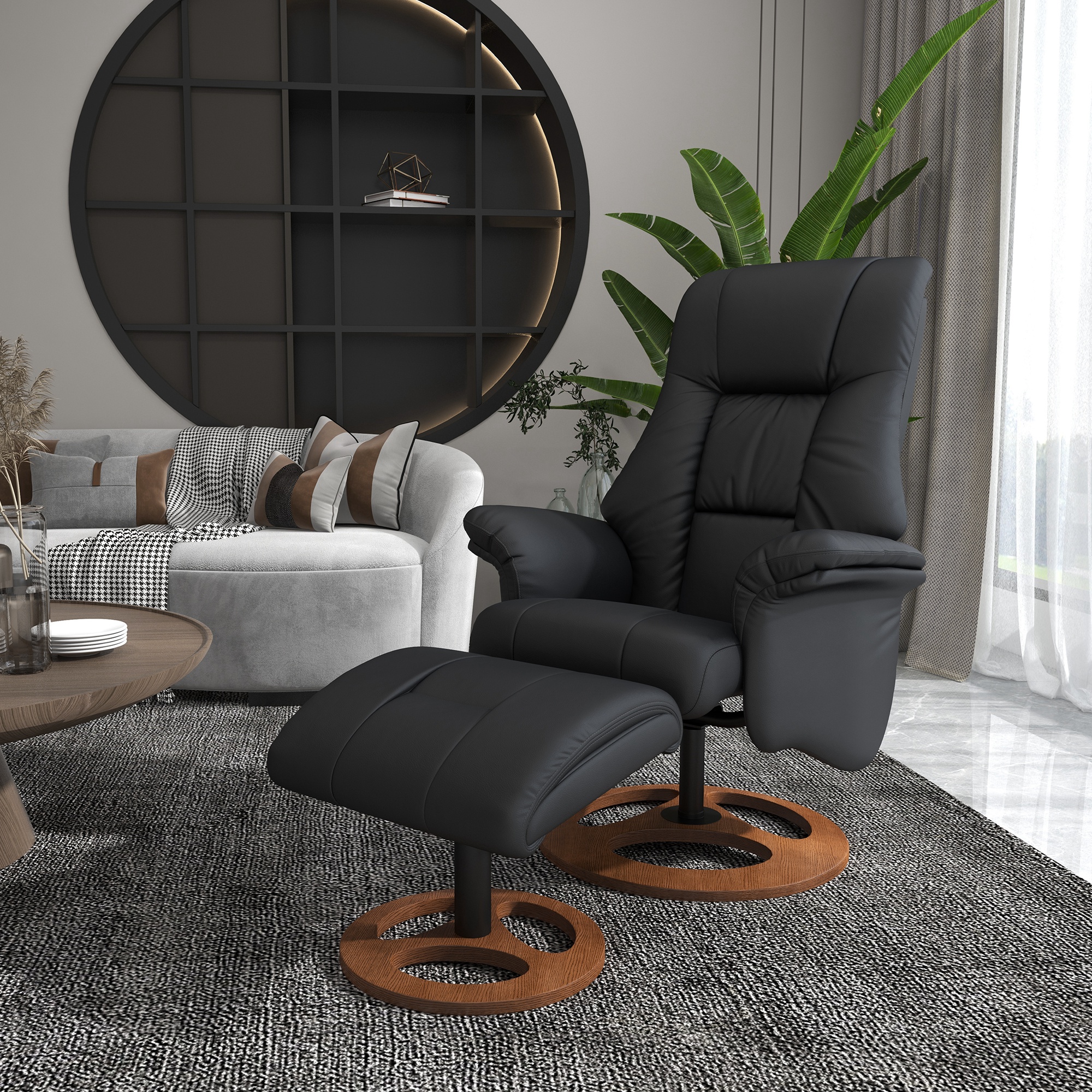 HOMCOM Relaxsessel mit Ottomane, Sessel mit Fußhocker, verstellbare Rückenlehne, 77 cm x 89 cm x 110 cm, Schwarz