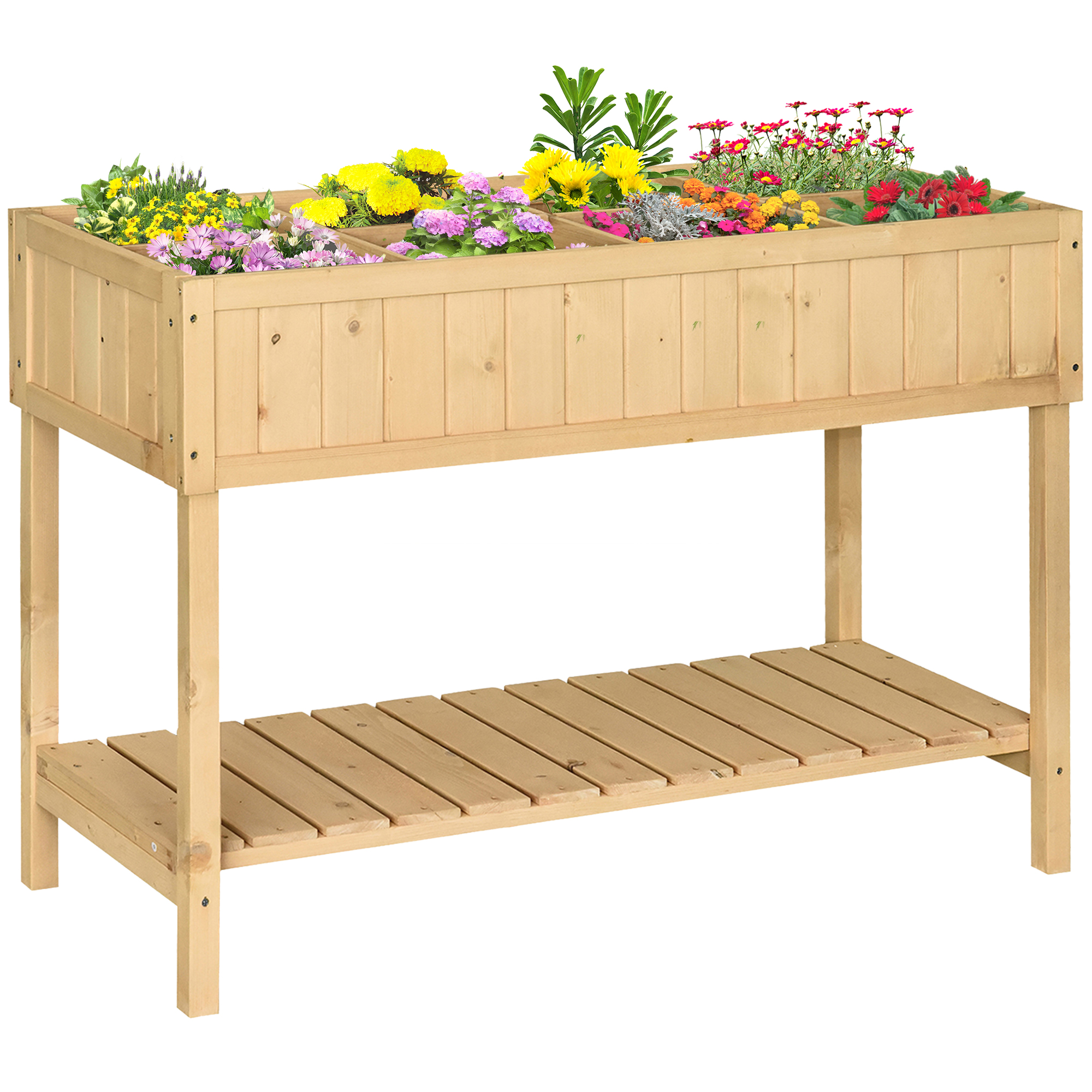Outsunny Hochbeet 6 Fächer Pflanztisch Blumenkasten Tannenholz 1 Ablage + Abfluss
