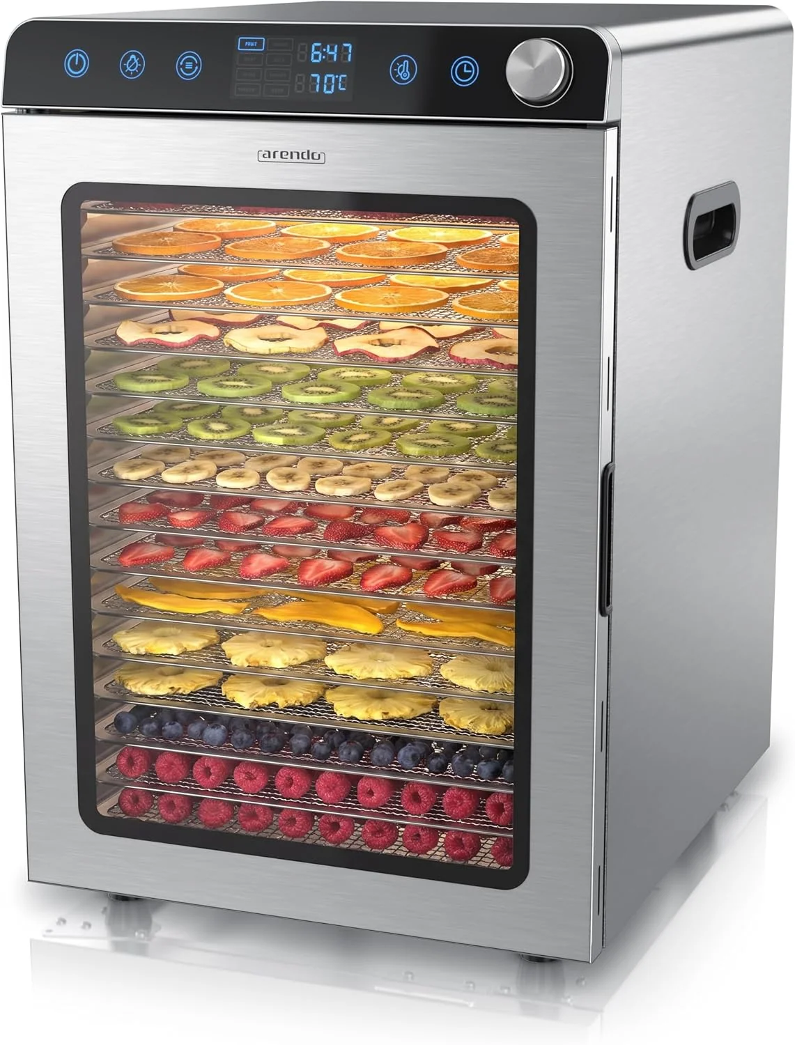 Arendo, Dörrautomat Edelstahl mit 16 Edelstahlgitter, 1000 Watt, 13400 cm², 8 Programme, Dörrgerät Dehydrator Obsttrockner Dörrapparat