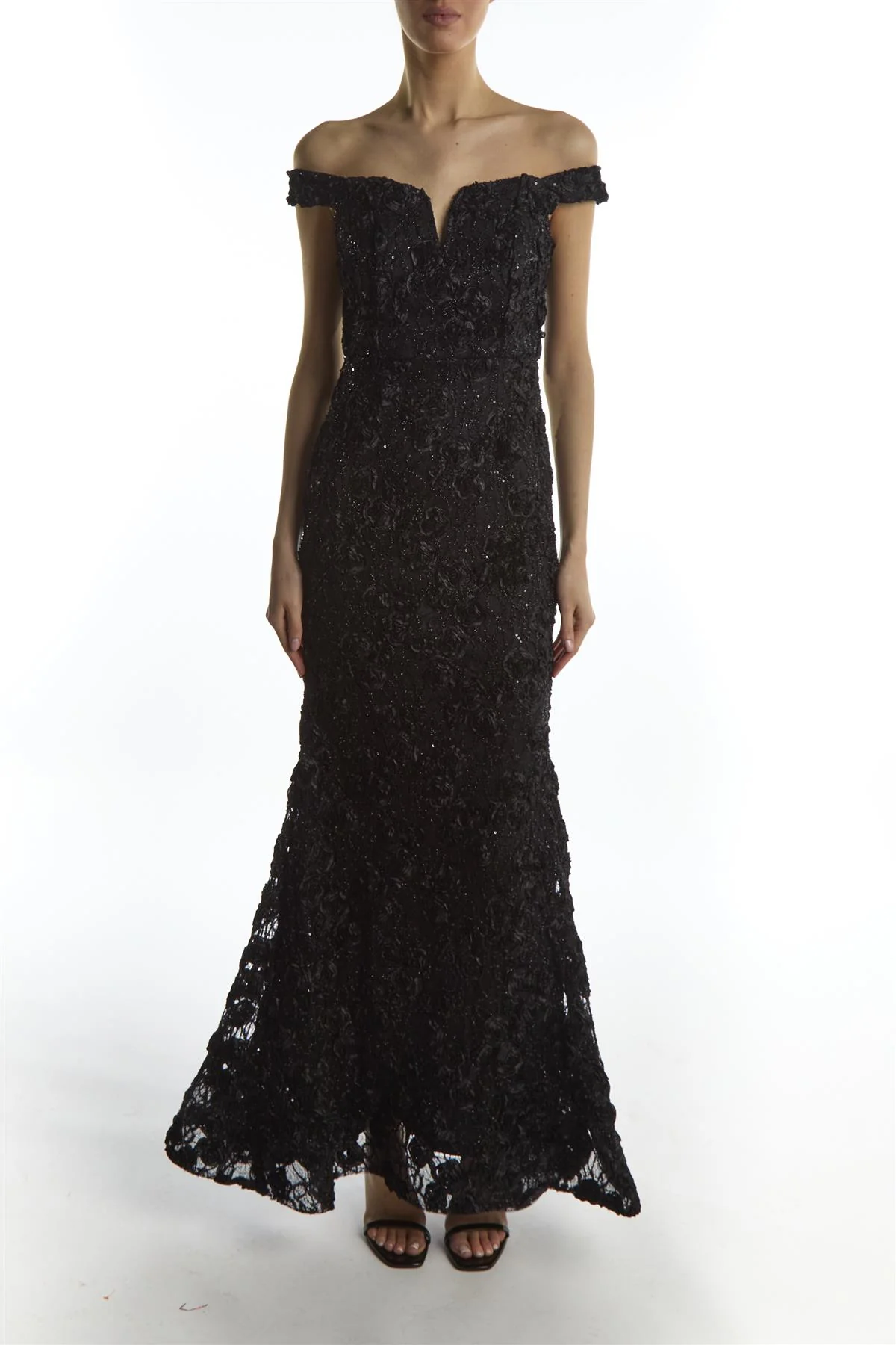 Etta Black Lace Bardot Off Shoulder Evening Maxi Gown