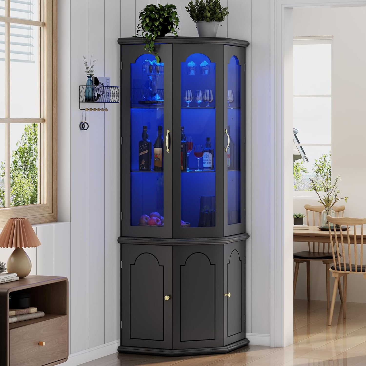 Corner Bar Cabinet with LED Lights, Glass Door, Black