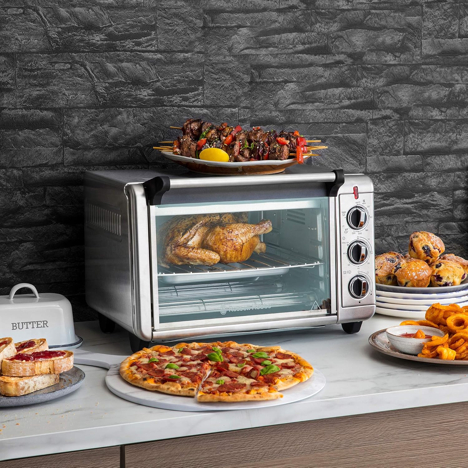 Russell Hobbs Backofen Airfryer [5-in-1: Heiluftfritteuse, Minibackofen, Grill, Toaster, Warmhaltefunktion] Express (20l, Pizza  30cm, inkl. Frittierkorb, Backblech&Grillrost) Umluft- Ofen 26680-56