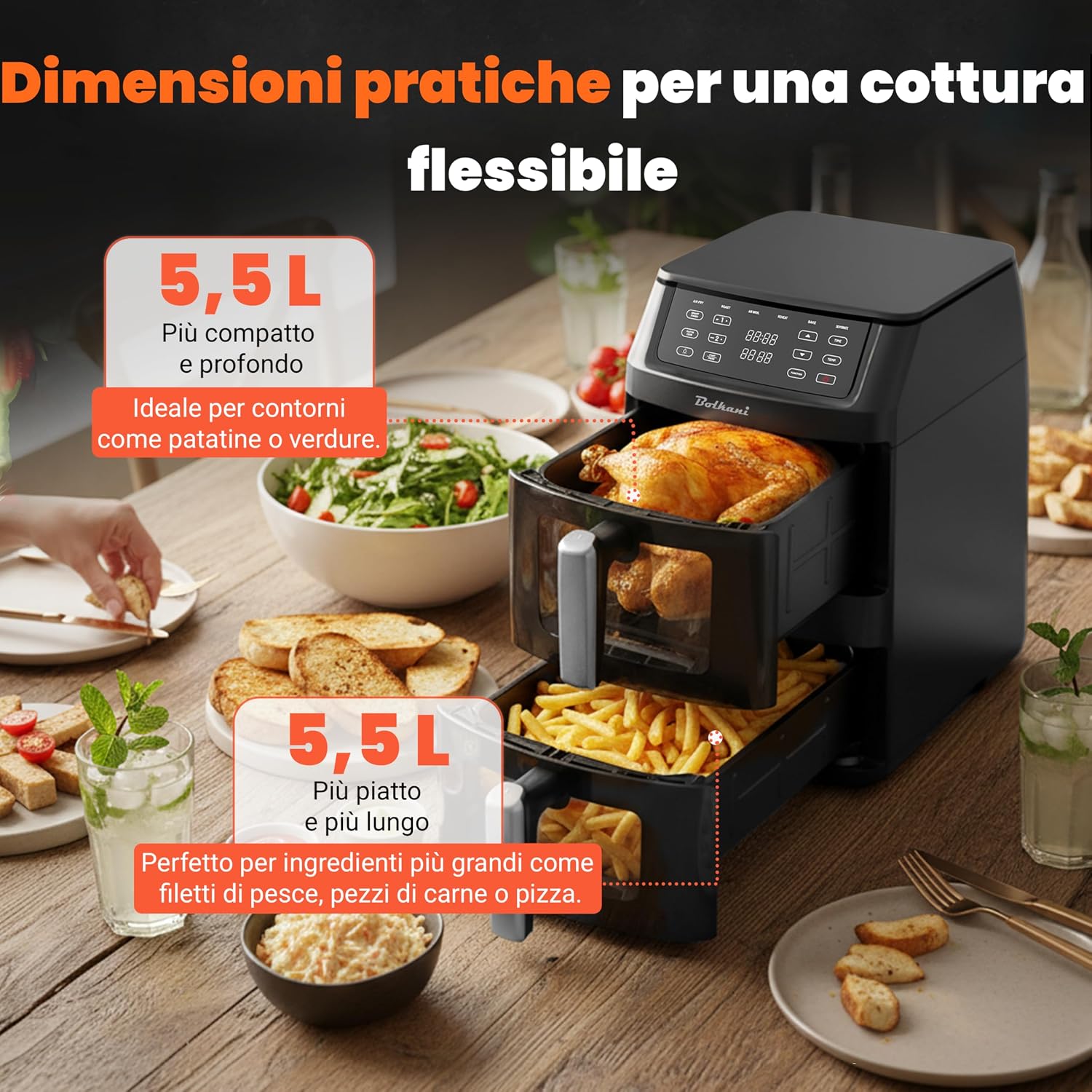 Friggitrice ad Aria Doppia XXL 11L con 2 Camere Verticali, Smart Finish & Sync, Luce Interna, Oblò in Vetro, 6 Programmi Automatici, Funzione Grill, Touchscreen.