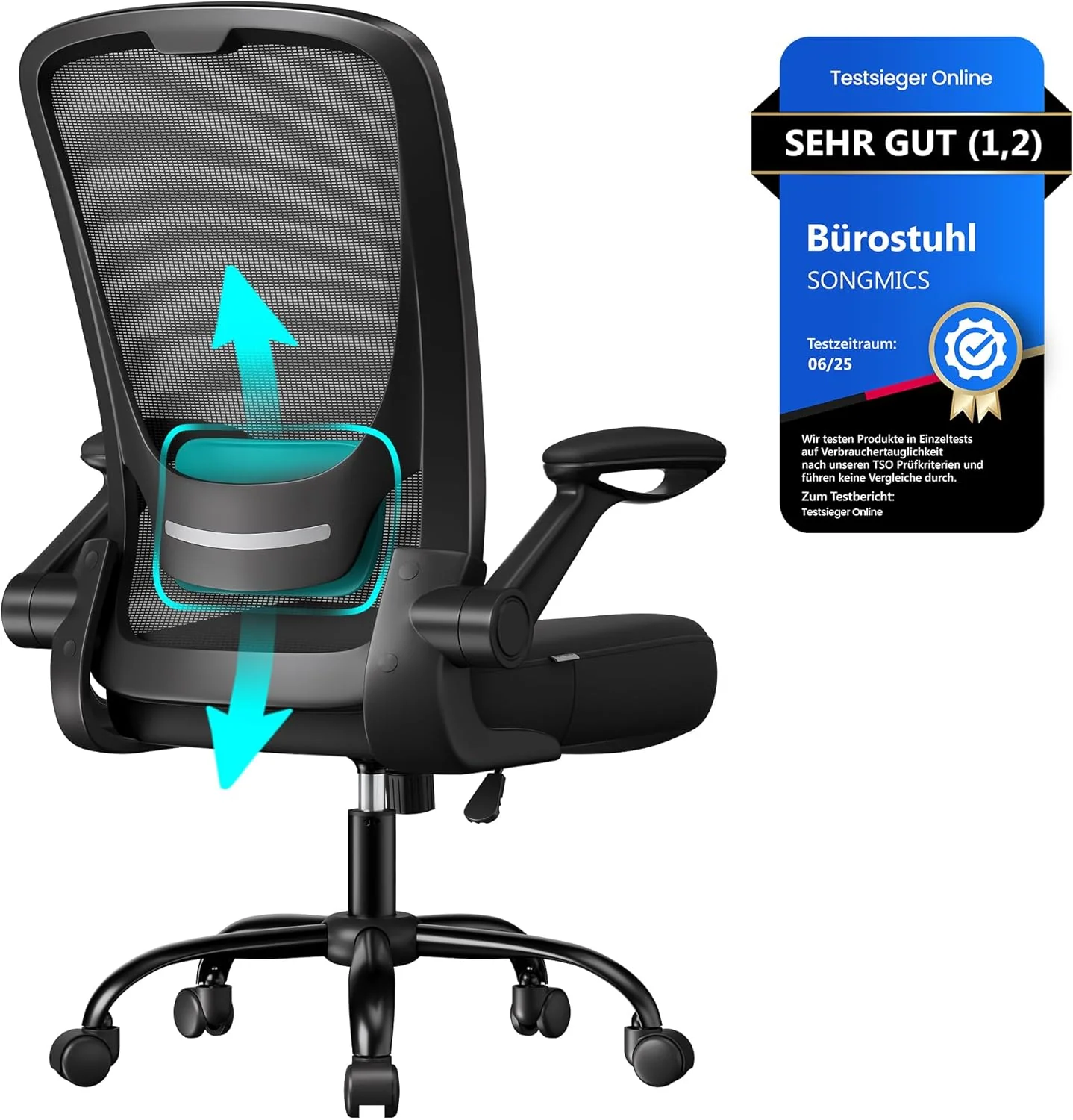 SONGMICS Ergonomischer Bürostuhl mit klappbaren Armlehnen und höhenverstellbarem Sitz