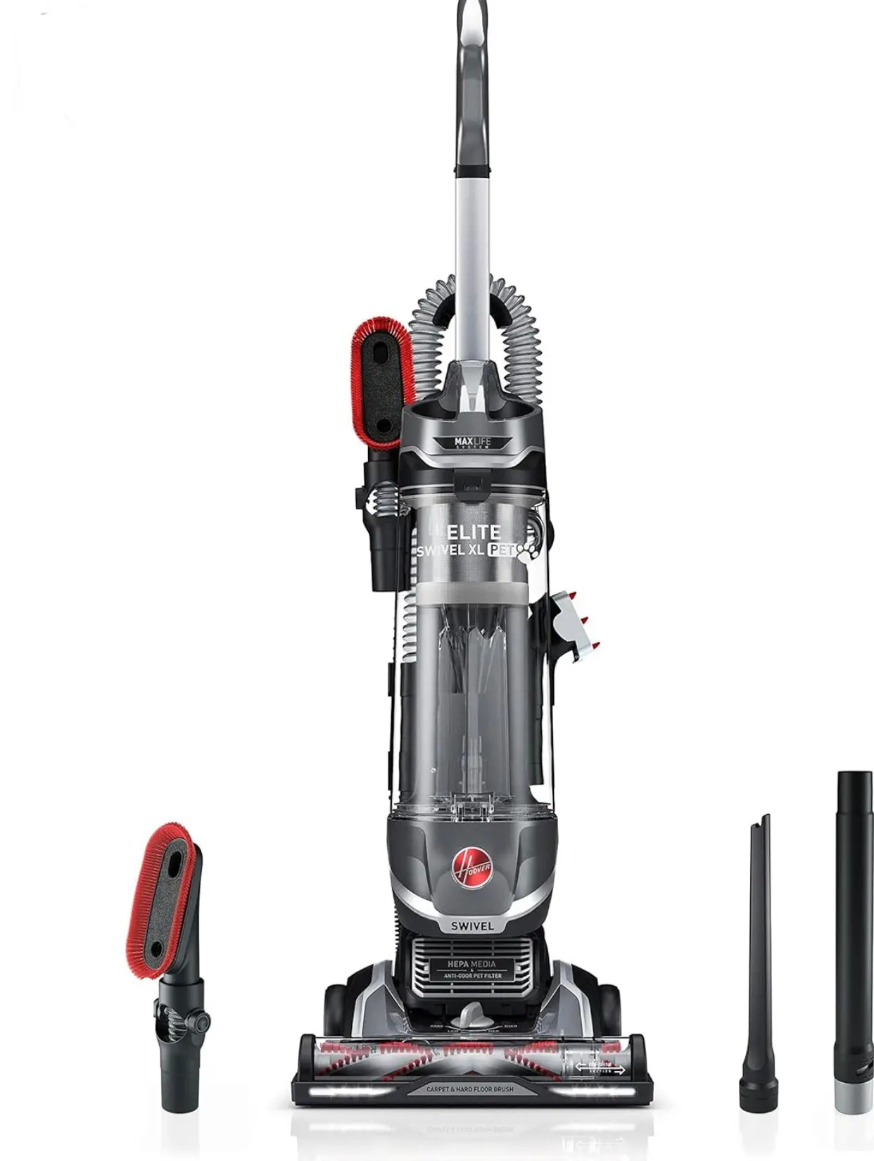 Hoover MAXLife Elite Swivel XL Pet Vacuum Cleaner with HEPA Media Filtration, Bagless Multi Surface Upright for Carpets and Hard Floors, UH75250, Grey, 16 lbs