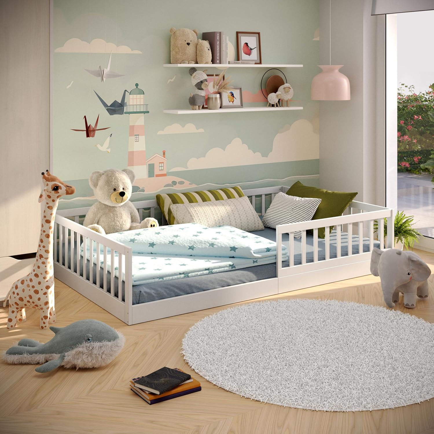 CADANI Timi 2-in-1 Vloerbed 140x200 cm Montessori Kinderbed met uitneembare valbeveiliging incl. lattenbodem, massief grenenhout, wit - 3 opbouwmogelijkheden, belastbaar tot 200 kg, ombouwbaar