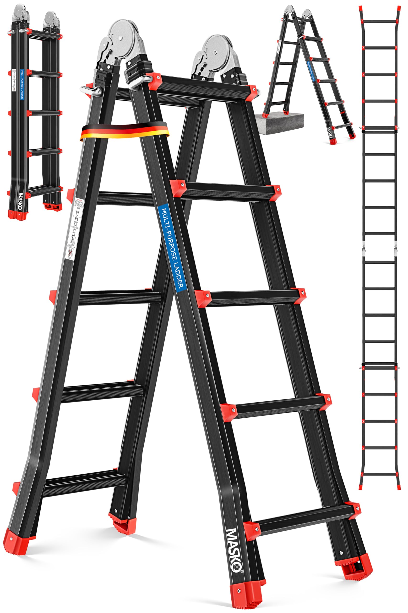 MASKO Aluminium 6in1 Mehrzweckleiter 20 Sprossen 520 cm 150 kg ausziehbar rutschfest Gelenkleiter Schwarz