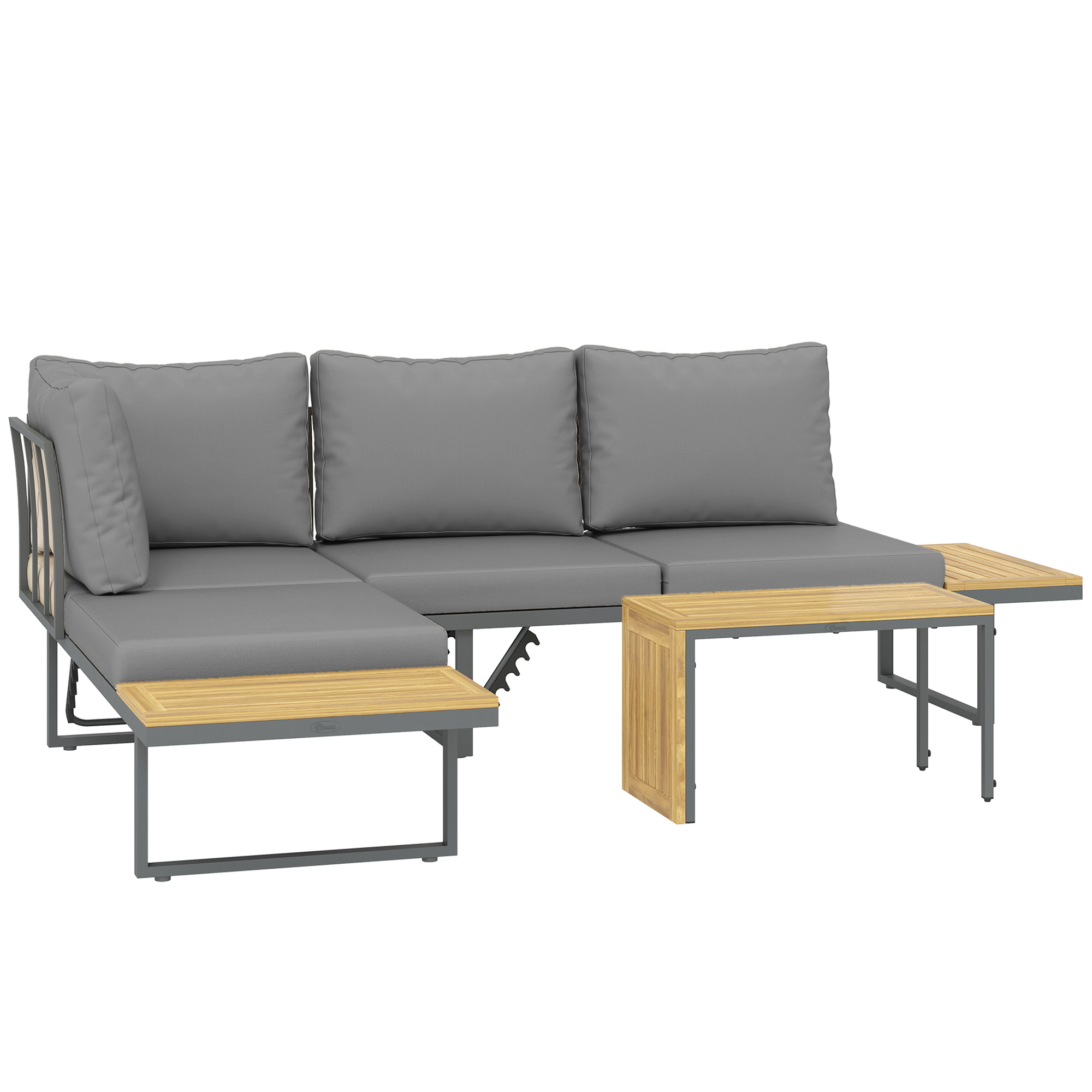 Outsunny Modulares Gartenmöbel-Set aus Akazienholz für 6 Personen, Ecksofa-Gartenmöbel-Set mit Tisch, Grau