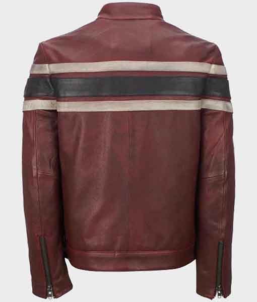 Mens Red Waxed Retro Stripe Vintage Leather Jacket