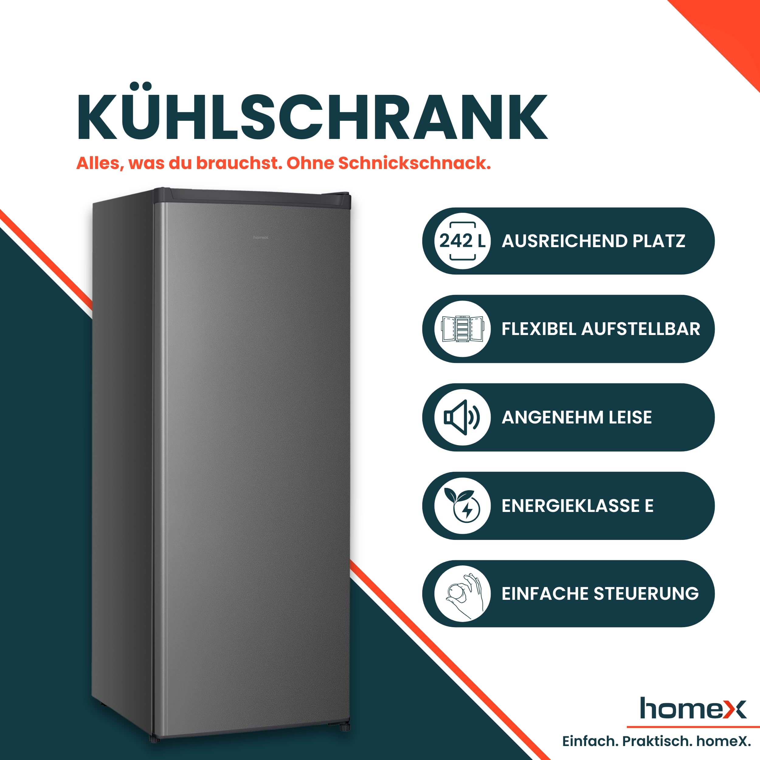 Kühlschrank ohne Gefrierfach 242 Liter, homeX CS2422E-S freistehend in Silber mit automatischer Abtauung und 5 verstellbaren Glasablagen