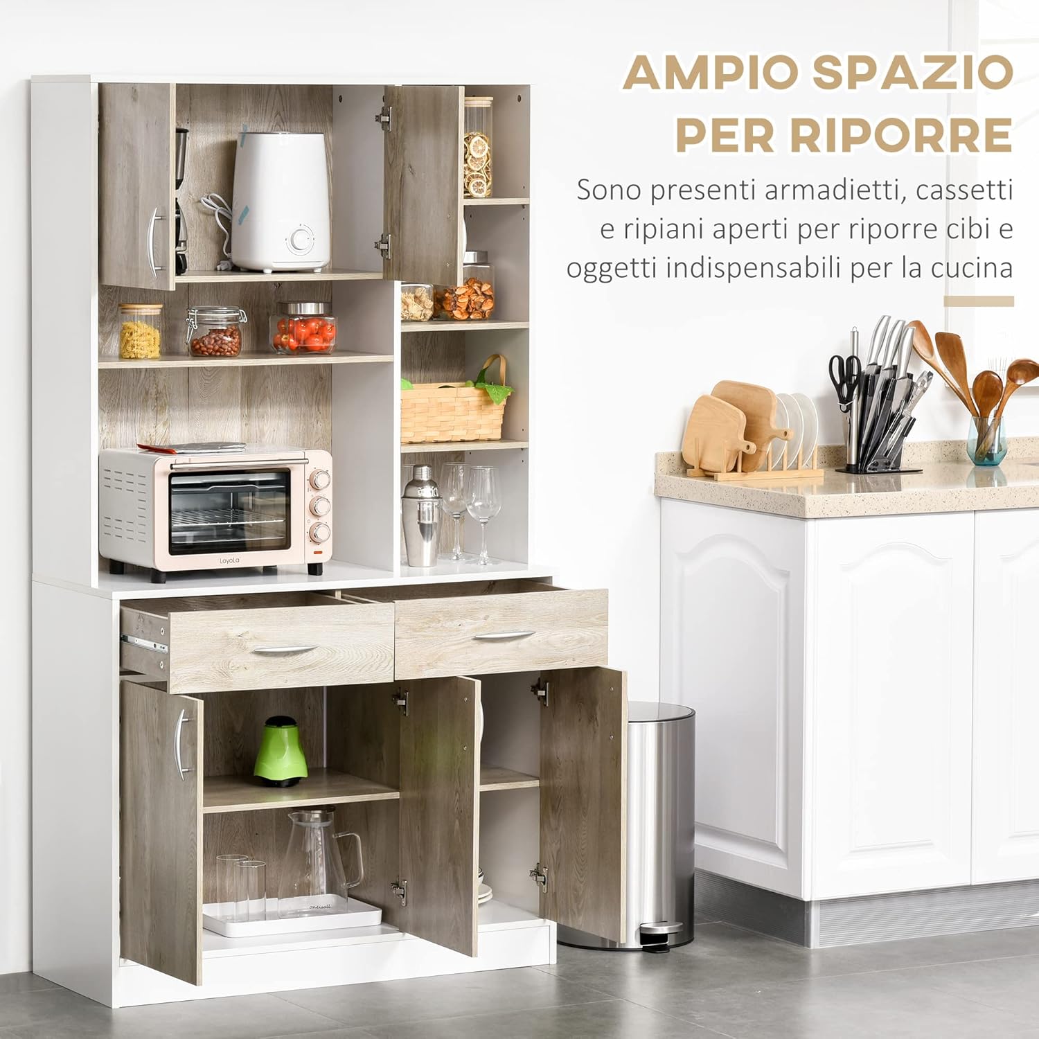 HOMCOM Mobile Buffet Dispensa Cucina, Ante Cassetti e Vani Aperti, 100L x 39P x 181.5Acm Bianco e Legno