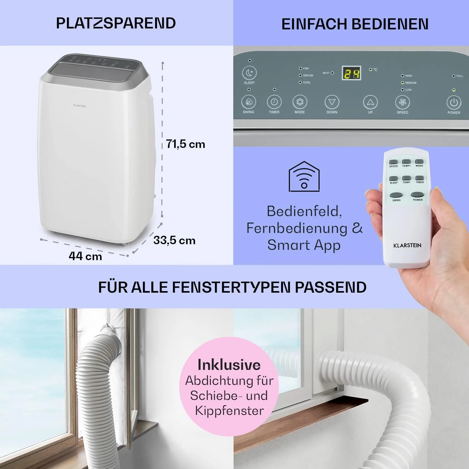 Klarstein Mobile Klimaanlage mit Abluftschlauch, 3-in-1 Klimagerät mit Ventilator, Luftentfeuchter & Nachtmodus, Kleine & Portable Klimaanlage für Wohnung & Büro, 12000 BTU Niedrig Verbrauch