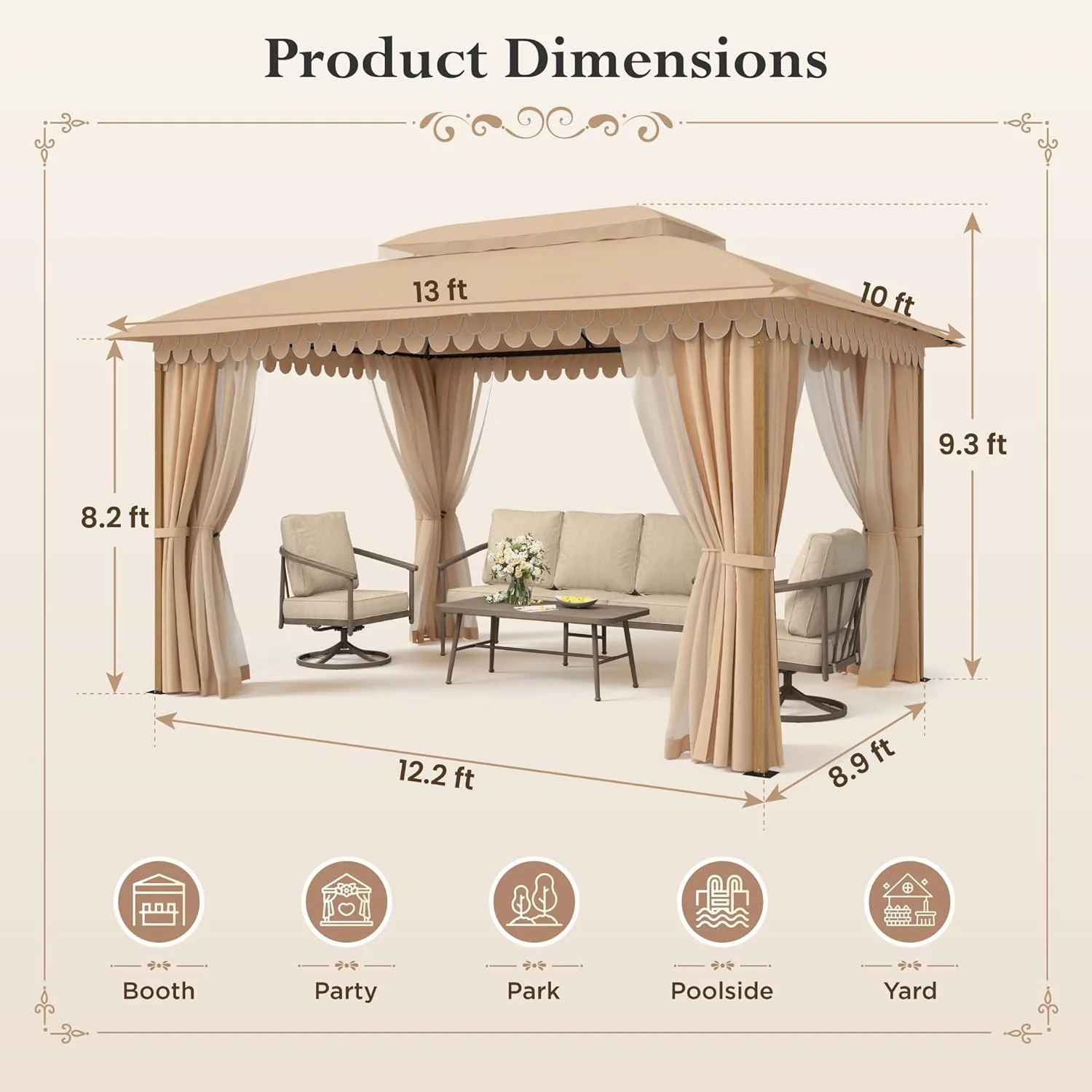 10x13 Outdoor with Screened Double Roof Heavy-Duty Patio Canopy Tent Dark Blue