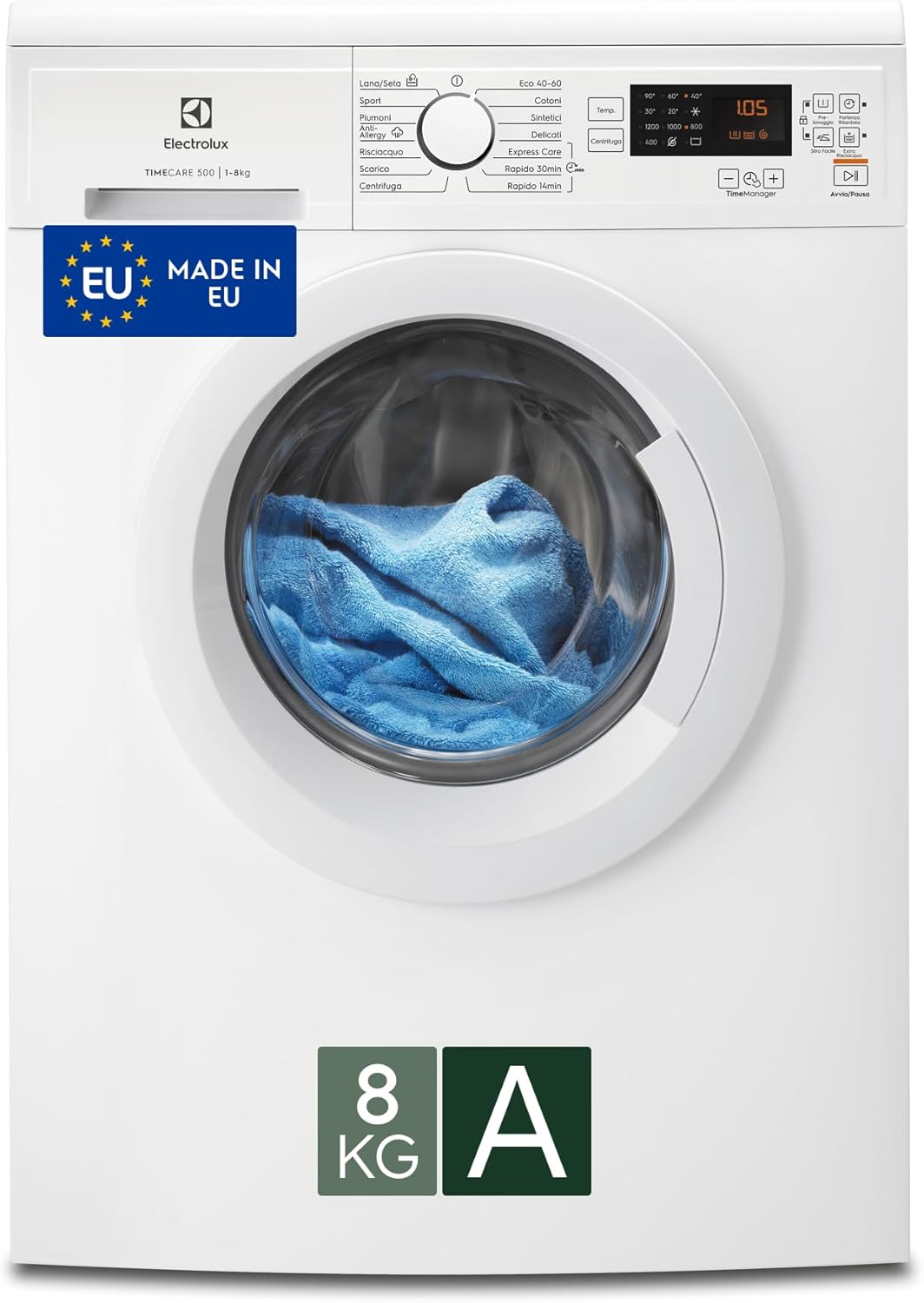 Electrolux EW5F8W Front Load Washing Machine, 8 kg 500 Series TimeCare, 1151 RPM, AutoSense and Remote Delay Start, Hygiene Program, GentleCare Basket, 847 x 596 x 547 mm, White, Class A