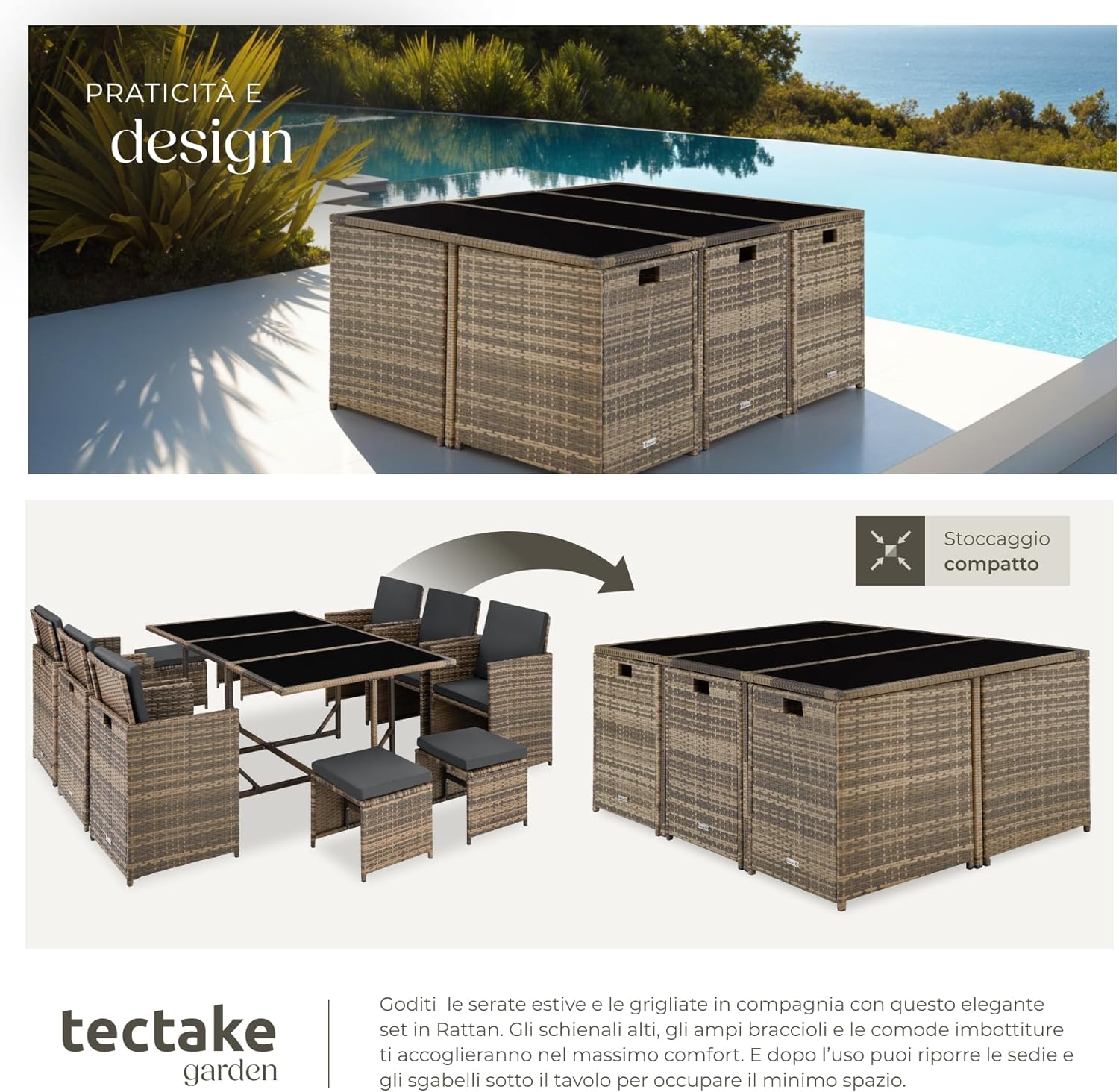 TecTake® Set in Poli Rattan, Set da Conversazione, Arredamento Giardino Elegante, 6 Sedie da Esterno, 1 Tavolo in Vetro, 4 Sgabelli, Ideale per Balcone, Giardino e Terrazzo - Naturale