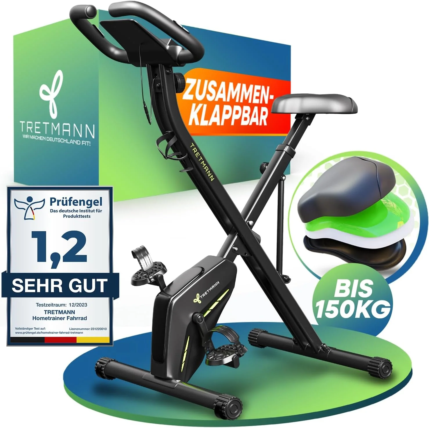 TRETMANN Heimtrainer klappbar 16 Stufen – Magnetbremse, Pulssensor, 150kg, DEKRA, Matt Stahl