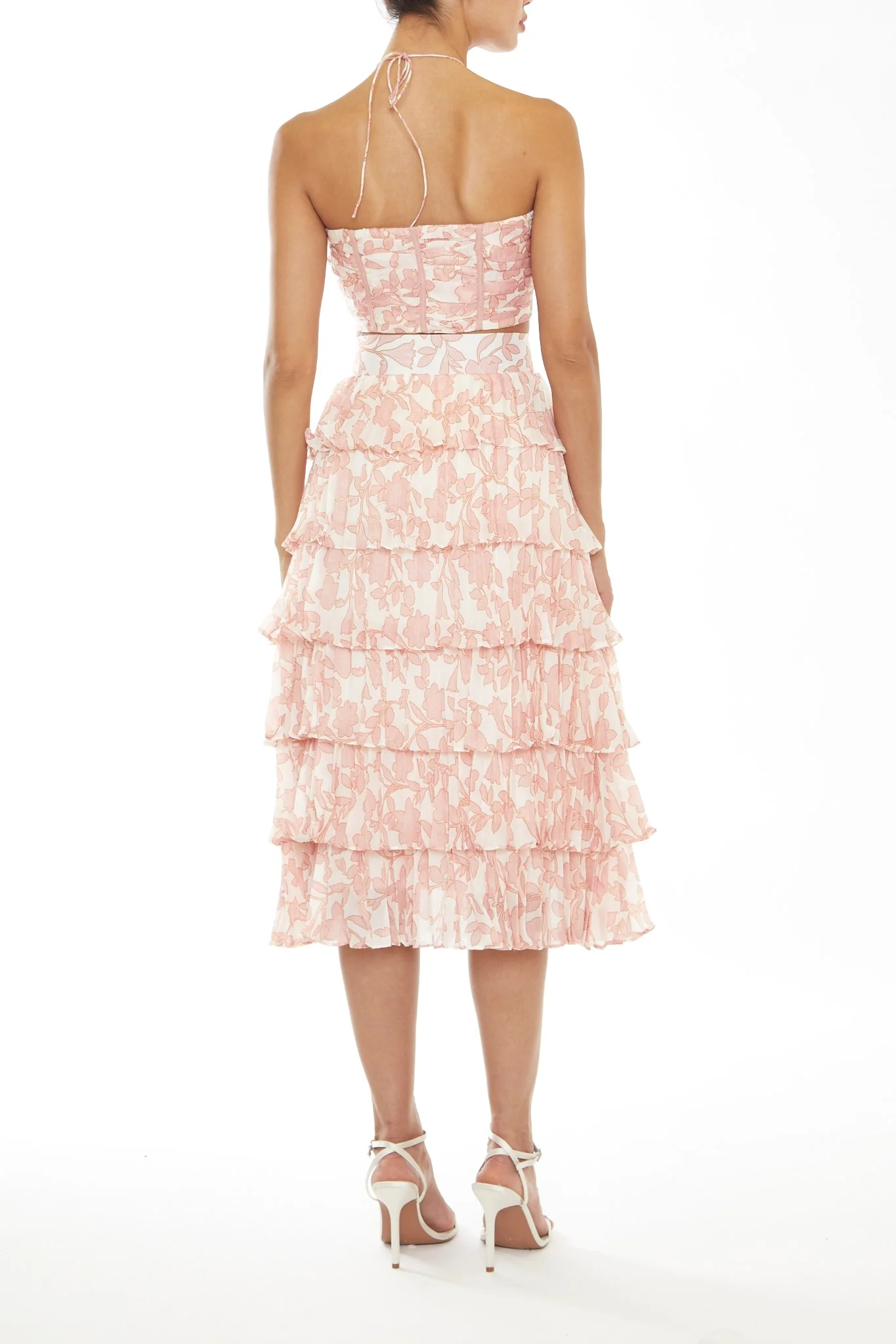 Zara Co-Ord Cream-Pink Outline Flower Ruched Halterneck Crop-Top