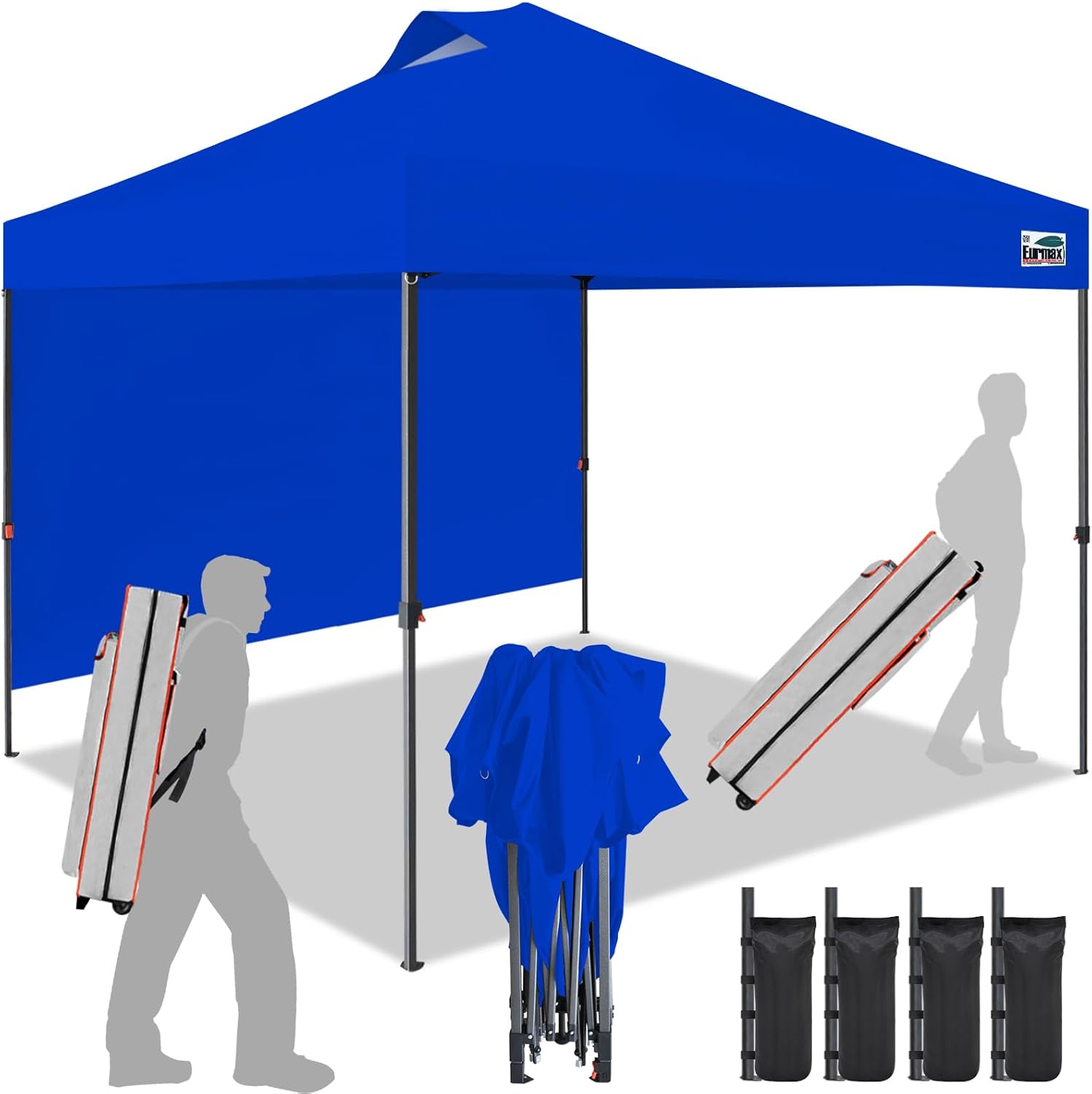 Eurmax USA NOMATTER ONE-Person Open&Close 10x10ft Pop Up Canopy Tent Portable Shelter Canopy for Outdoor Events with 1 Removable Sidewall Instant Canopies Temporary Sunshade Bonus 4 Sand Bags(Blue)