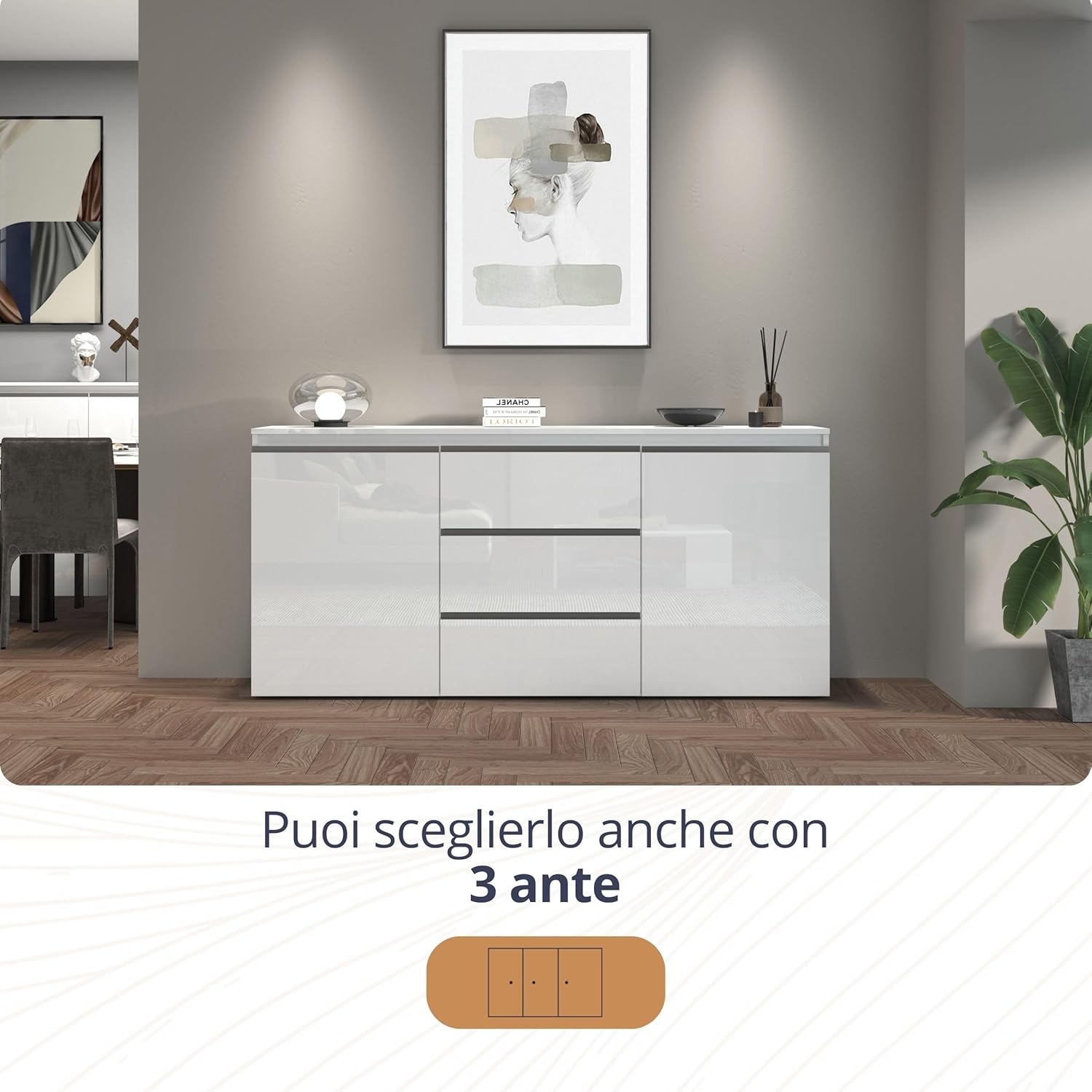 WHOUS Credenza MAGIC per Soggiorno con 2 Ante e 3 Cassetti, Madia per Salotto e Sala da Pranzo in Legno, 150x40x80 cm, Bianco Lucido