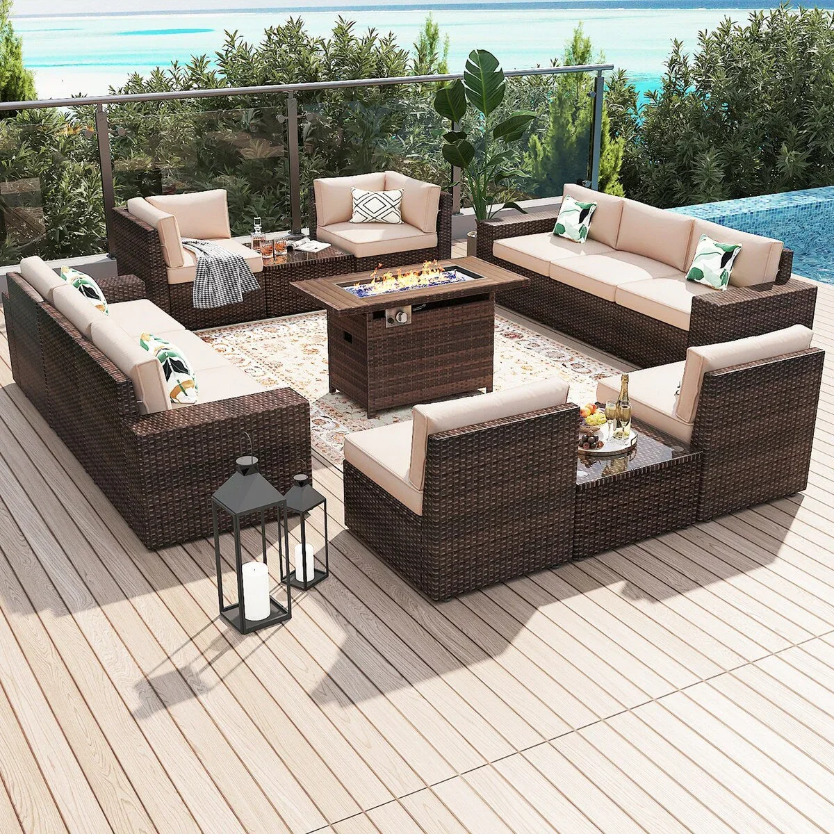 13 Pieces Patio Furniture Set with 44Fire Pit Table