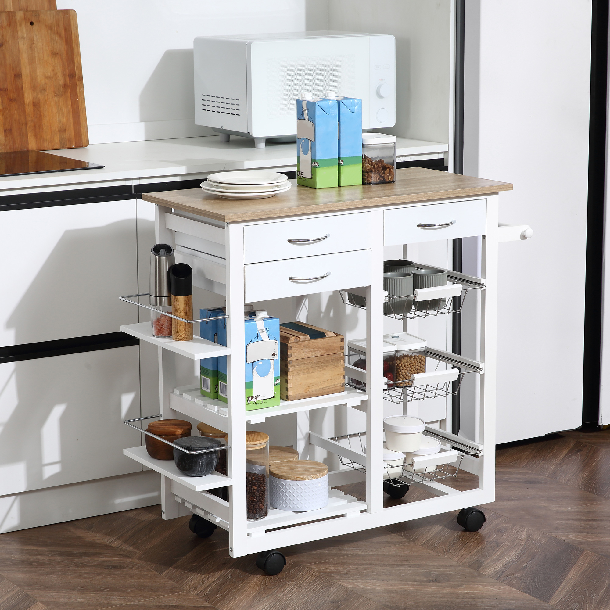 HOMCOM Servierwagen Küchenwagen mit Rollen, vielseitige Aufbewahrungsmöglichkeiten, 92B x 37T x 82H cm, MDF Eichenholzoptik Kiefernholz Weiß