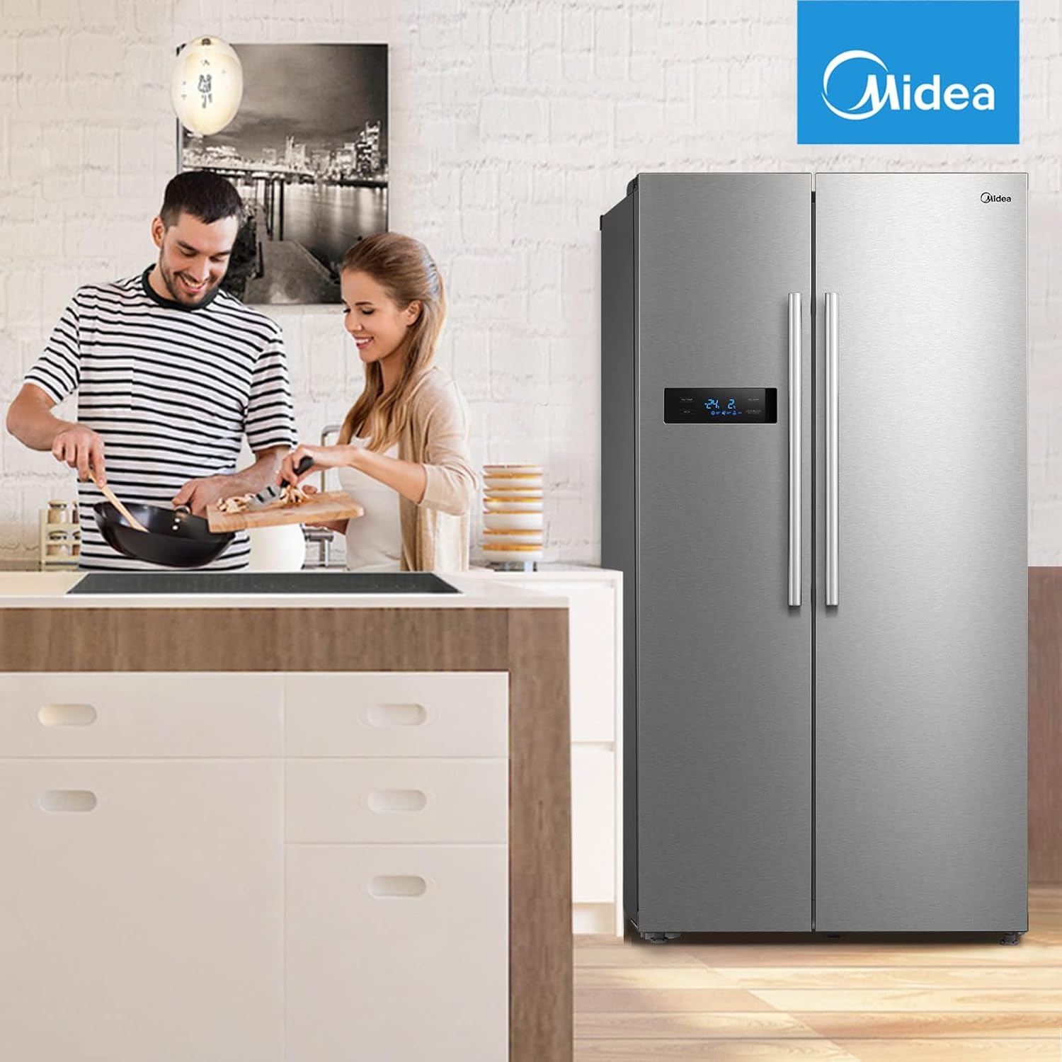 Midea KS-DDX 6.32 WT Side-by-Side Kühl-/Gefrierkombination/ 178,8 cm Hhe/ 254 kWh/Jahr/No Frost/Dual Inverter Compressor/mit 3in1 Wasser-/Eisspender und Wassertank, Dark Inox