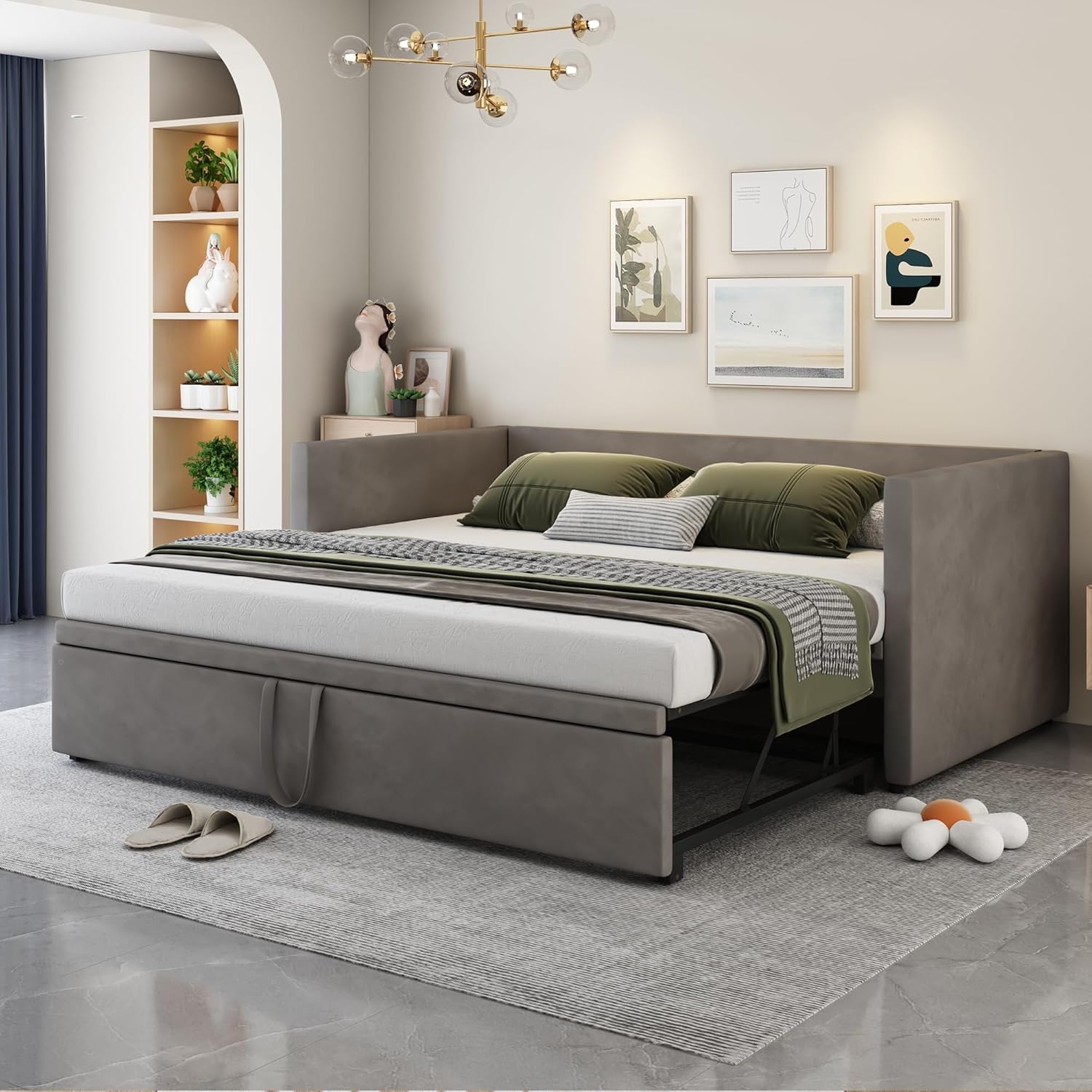 Divano letto estensibile 90/180 x 200 cm, letto matrimoniale, singolo con estraibile, con rete a doghe, tessuto in velluto delicato sulla pelle, Nessun materasso, grigio