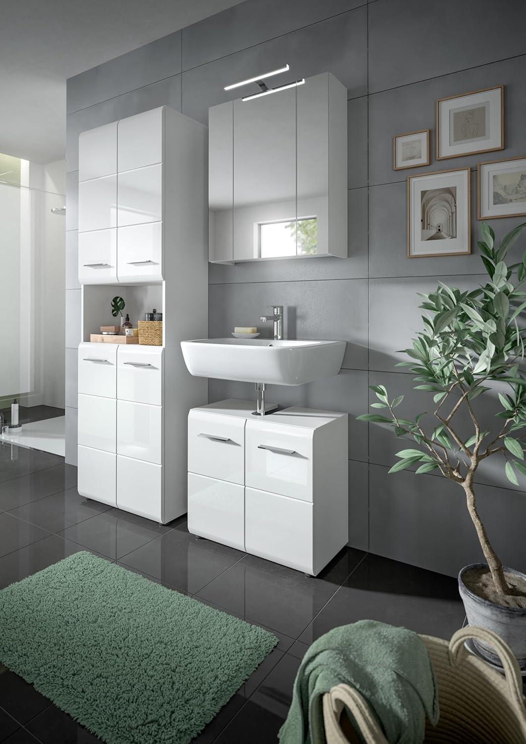 xonox.home - Hochschrank Ice 60x185x30 cm in Front weiß Hochglanz Tiefziehfront Korpus weiß - breiter Badhochschrank - stilvoll und funktional