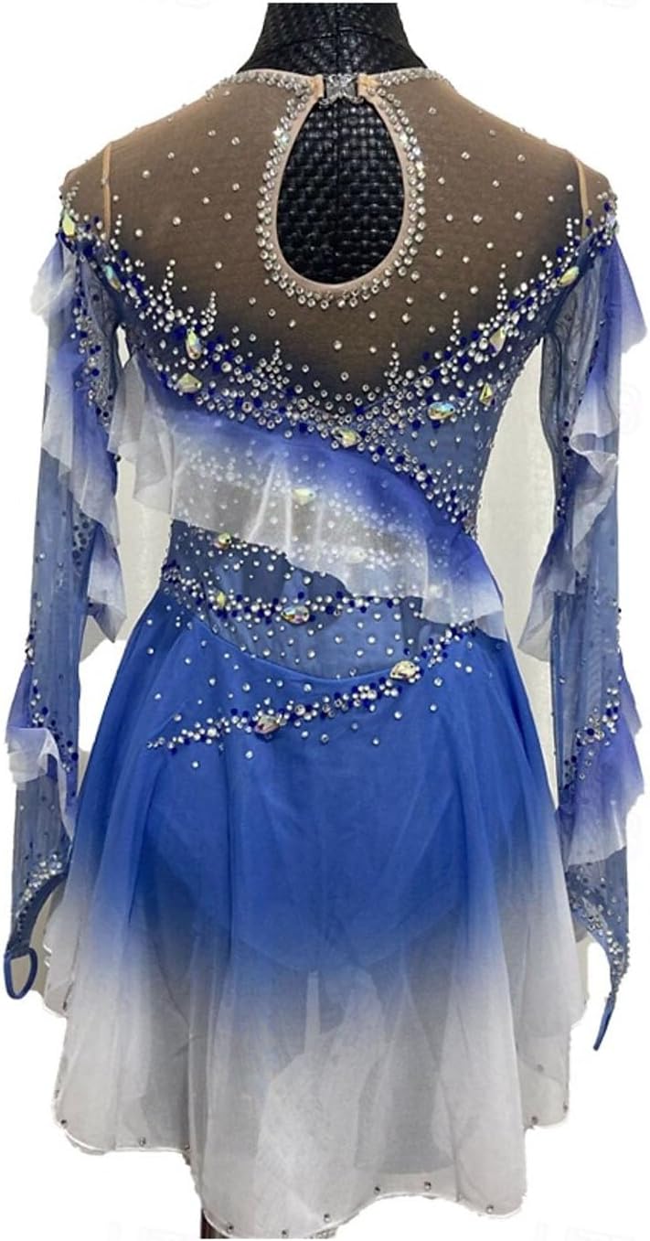 purpleq Professionelles Eiskunstlauf Wettkampf Kleid Gradient Langärmliges Eislauf Performance Kostüm für Mädchen Gymnastik Trikots Activewear Kristall/Strass Rollschuhkleid