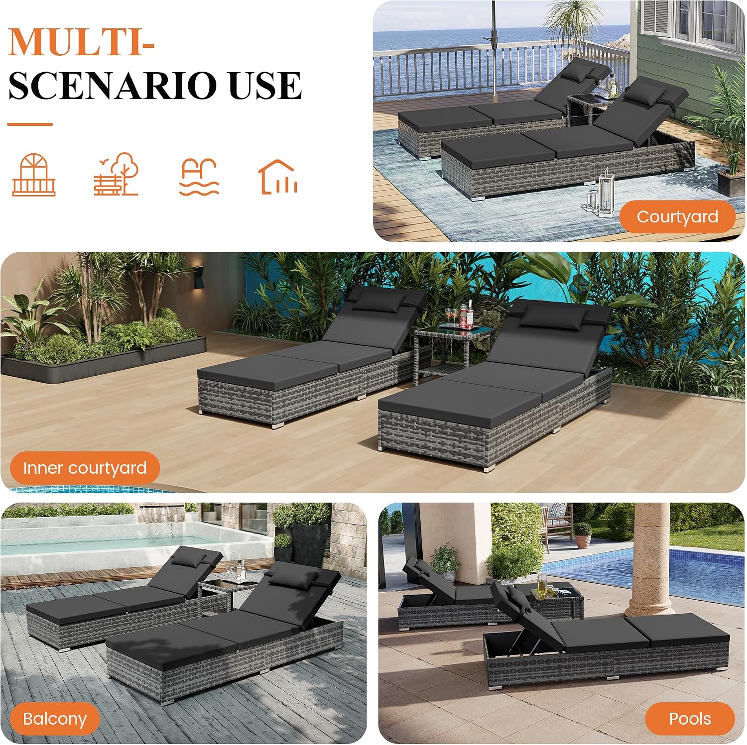 UDPATIO Set di 3 Lettino Prendisole, Poly Rattan, con Cuscino Testa e Tavolo, 5 Regolazioni, Lettini Prendisole da Giardino Impermeabili, per Esterno, Jardín, Patio (Grigio)