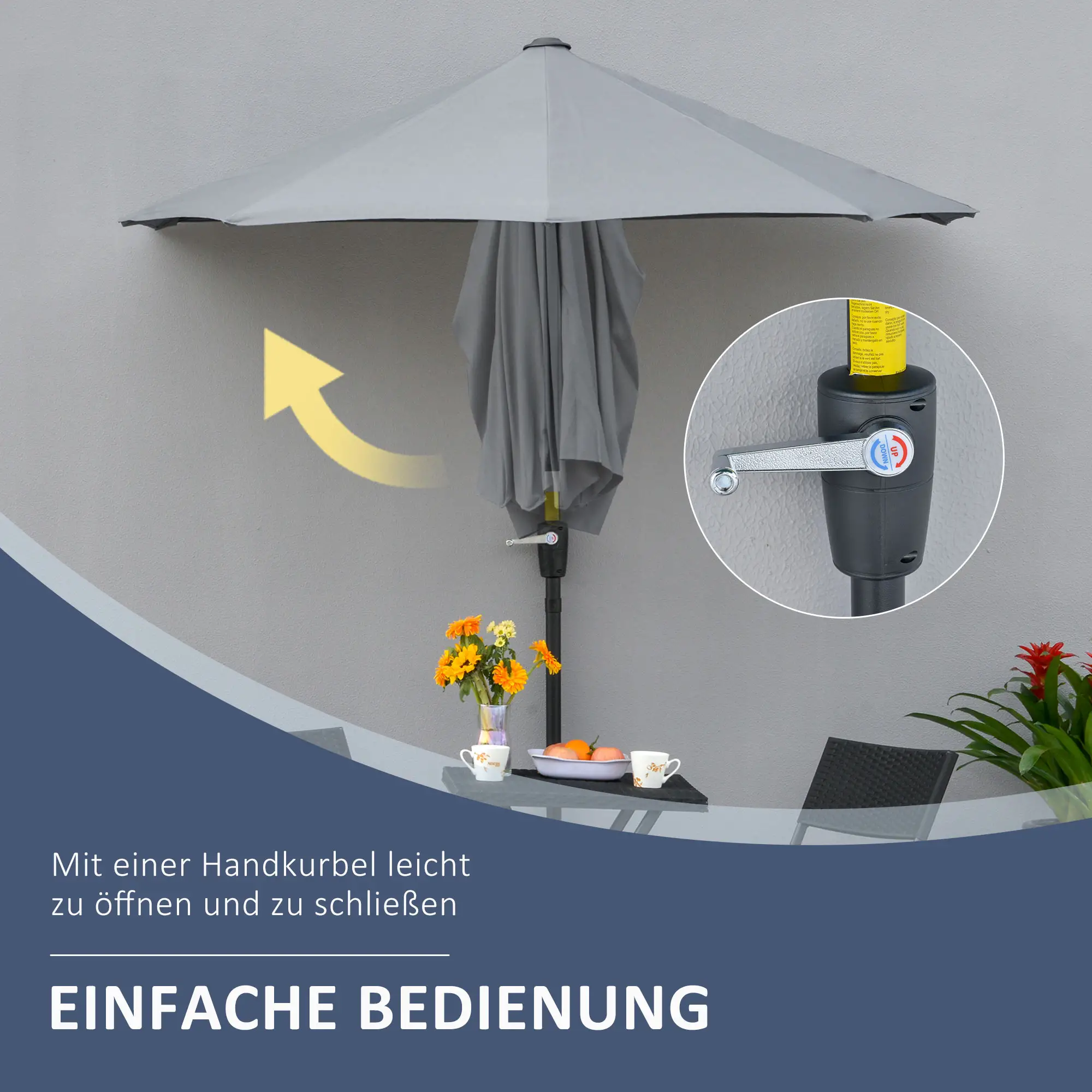 Outsunny Halbrundschirm Sonnenschirm mit Handkurbel Belüftung