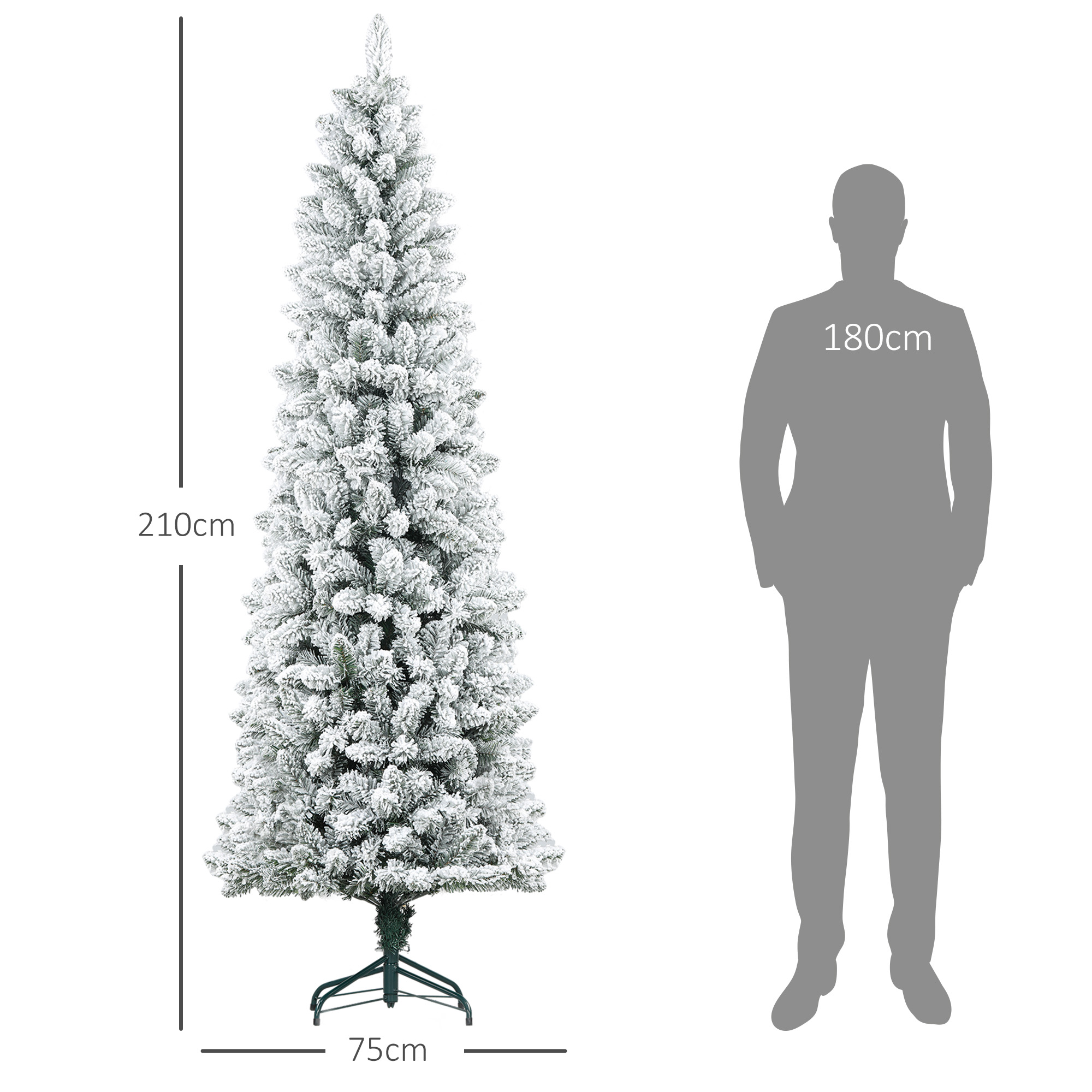 Kunstkerstboom, vlamvertragend, met kunstsneeuw, slank, stalen voet, 75 x 210 cm, Groen