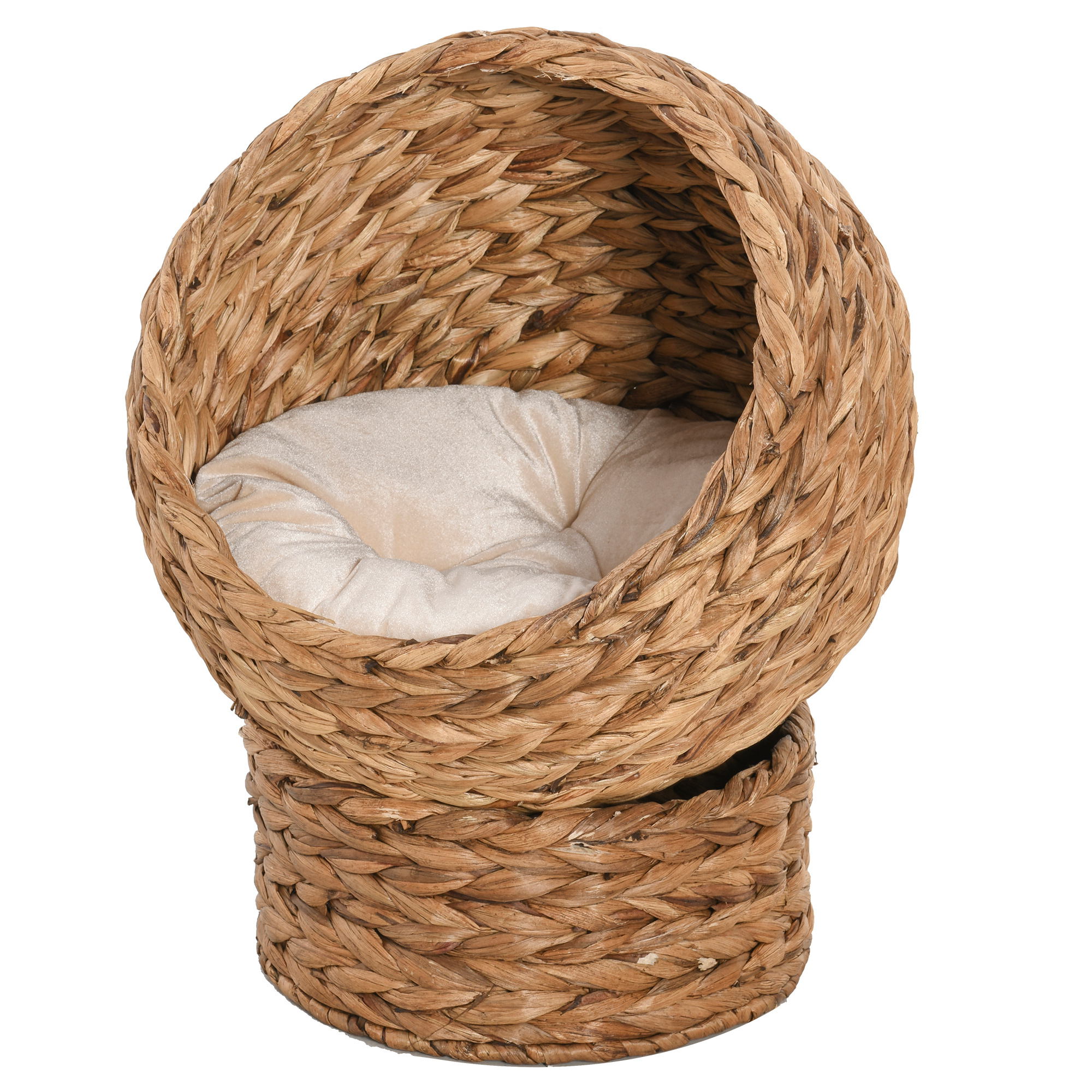 PawHut Rattan Katzenkorb Katzenhöhle Katzenhütte Katzenbett mit Kissen Haustierbett Wasserhyazinthe Braun 50 x 42 x 60 cm