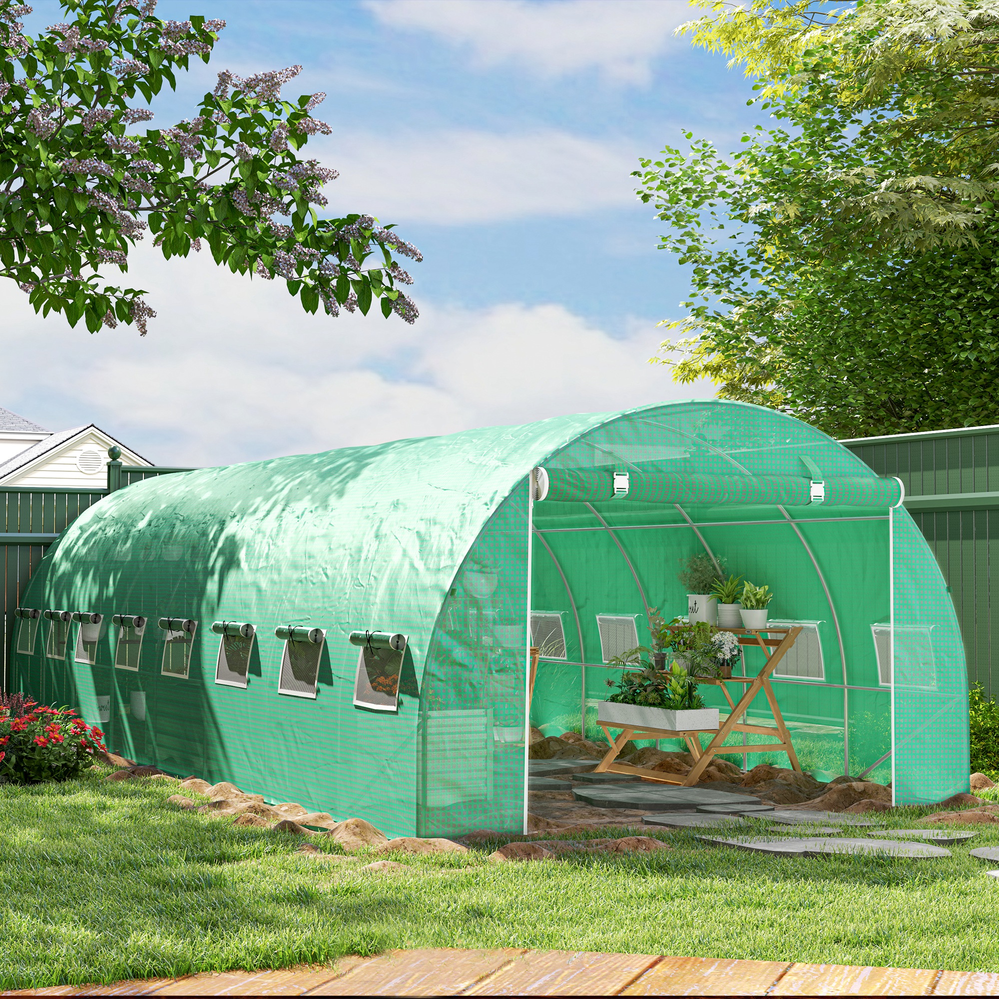 Outsunny Garten-Tunnel-Gewächshaus 24m² 8L x 3B x 2H m - 16 Fenster, aufrollbare Reißverschlusstür Stahl-Galvanisierter Rohrrahmen, PE, Grün