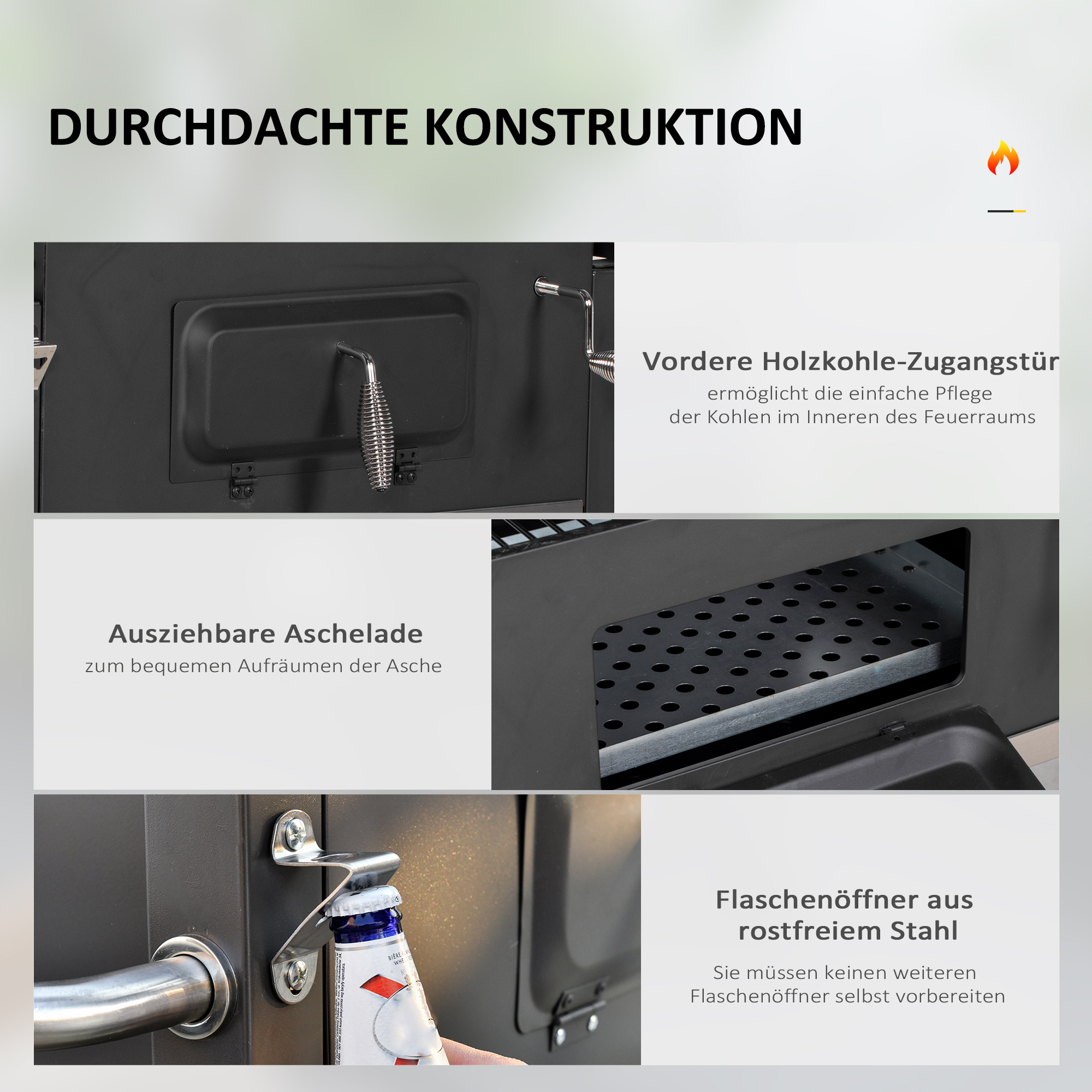 Outsunny Houtskoolbarbecue Smoker BBQ-Smoker, 1 Opbergruimte, 1 Handdoekhouder, 2 Grillroosters, 113 cm x 65 cm x 108 cm, Zwart