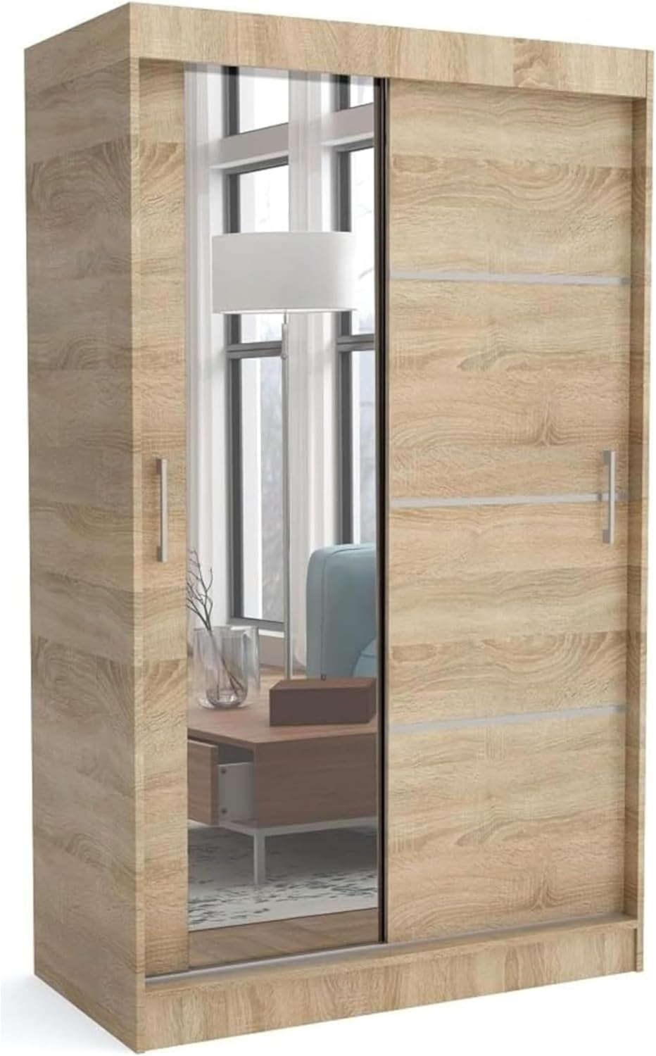 Brent - Kleiderschrank mit Spiegel 100cm Breit Windsor Tomy I Schlafzimmerschrank mit 2 Kleiderstange und Einlegeböden für Kleidung I Kleiderschrank Sonoma Eiche