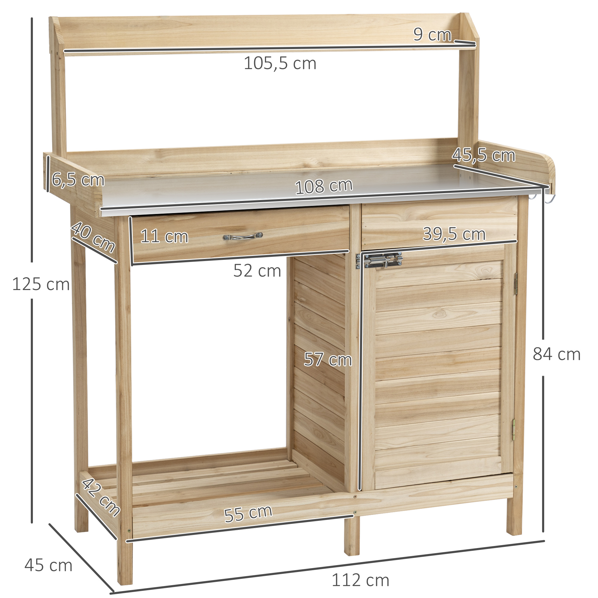 Outsunny planttafel met gegalvaniseerd werkblad, tuintafel met lade, kast, tuinwerktafel, massief hout, naturel, 112 x 45 x 125 cm