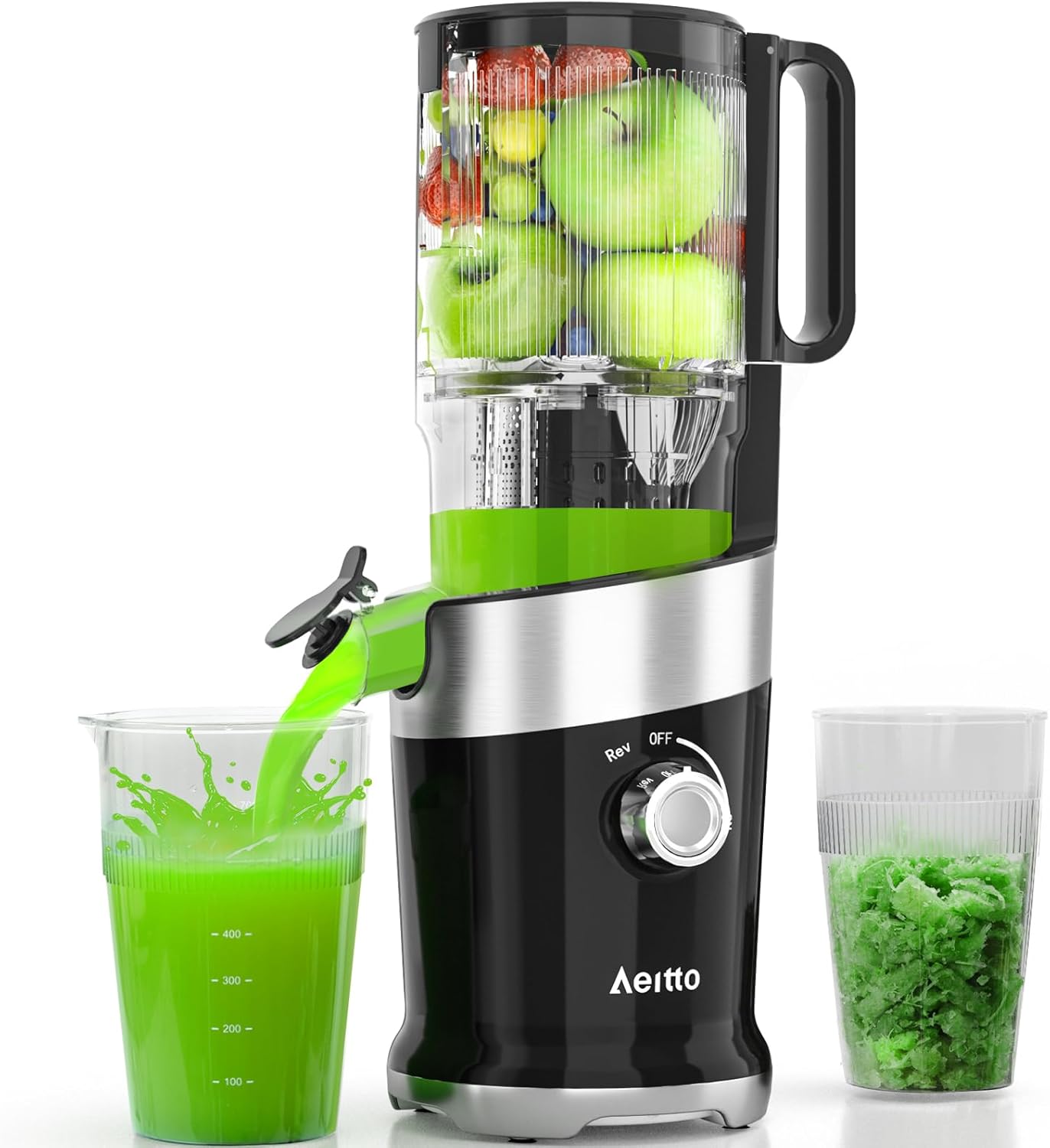 Cold Press Juicer For Whole Fruits, Aeitto Juicer Machines with Large Feed Chute, Self Feeding Juice Extractor Machine, Easy to Assemble, Easy to Clean & Use, High Juice Yield
