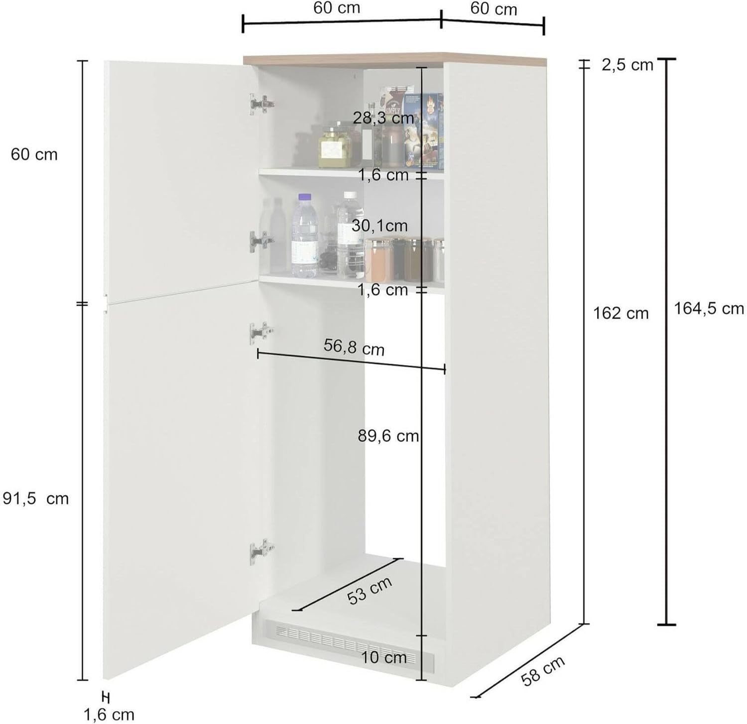 Dmora Dispensa da Cucina Plinio 60x60x165h cm Nero Antracite 2 Ripiani Apertura Battente, 2 Ante Made in Italy