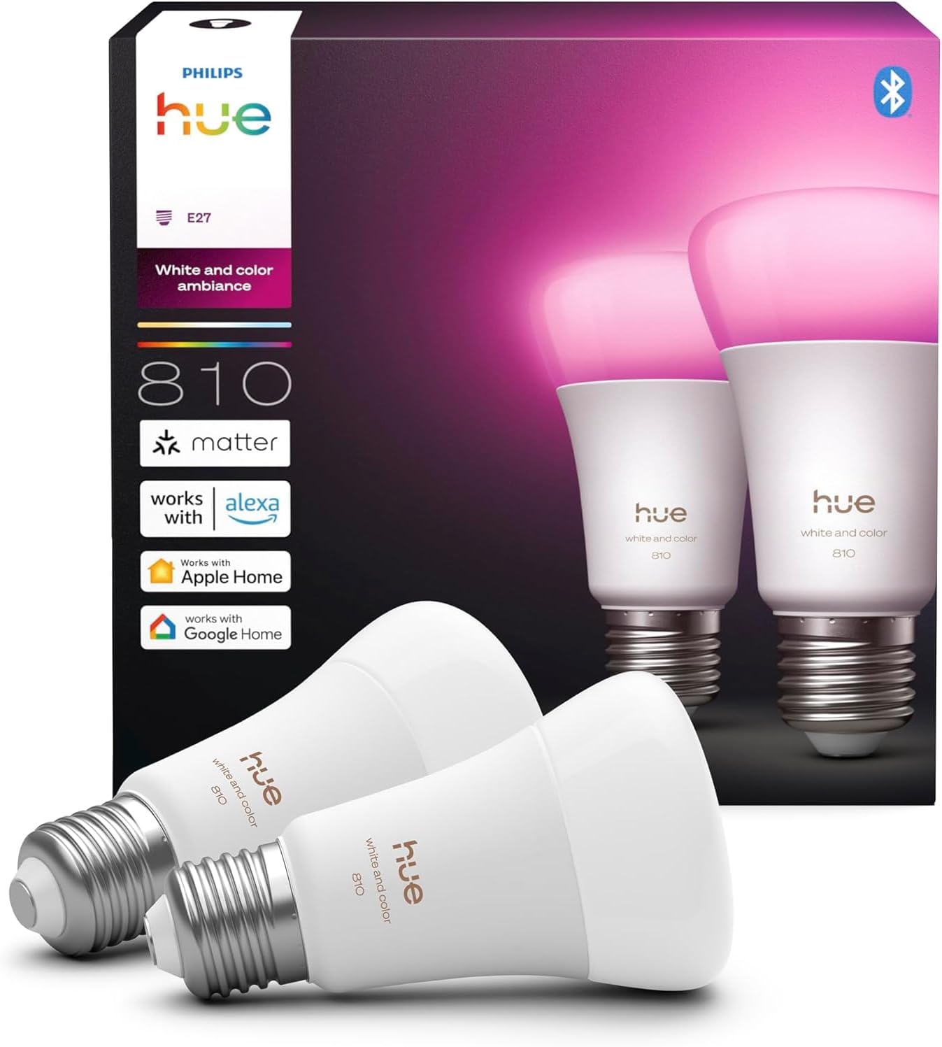 Hue Bundle – 4 x Doppelpackungen, Weiß & Farbe Ambiance 810 A60 E27 Smart-Leuchtmittel (8 Glühbirnen), dimmbare LED, 16 M Farben, App- und Sprachsteuerung, funktioniert mit Alexa, Google Home