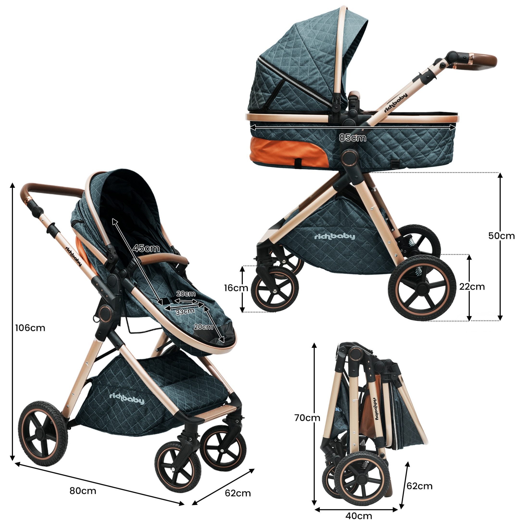 Kombi-Kinderwagen 2-in-1 Kinderwagen mit Babywanne, All-Terrain, verstellbar, faltbar