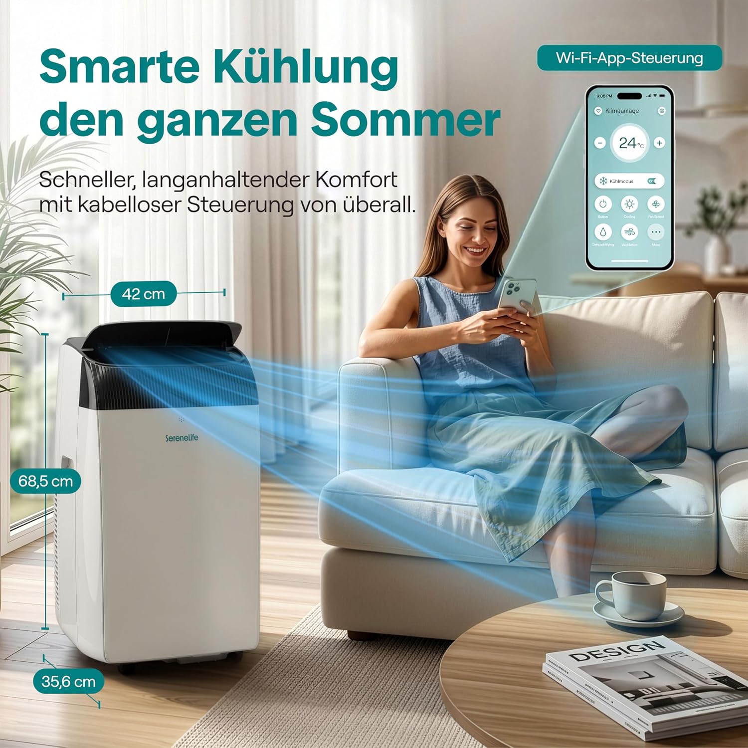 SereneLife Klimaanlage Mobil- mit Abluftschlauch 14000 BTU 2,9kW, 4-in-1 Klimagerät-Kühlen Heizen Ventilieren und Entfeuchten, WLAN- Steuerung, Digitaldisplay, 24h- Timer, bis 45 m²